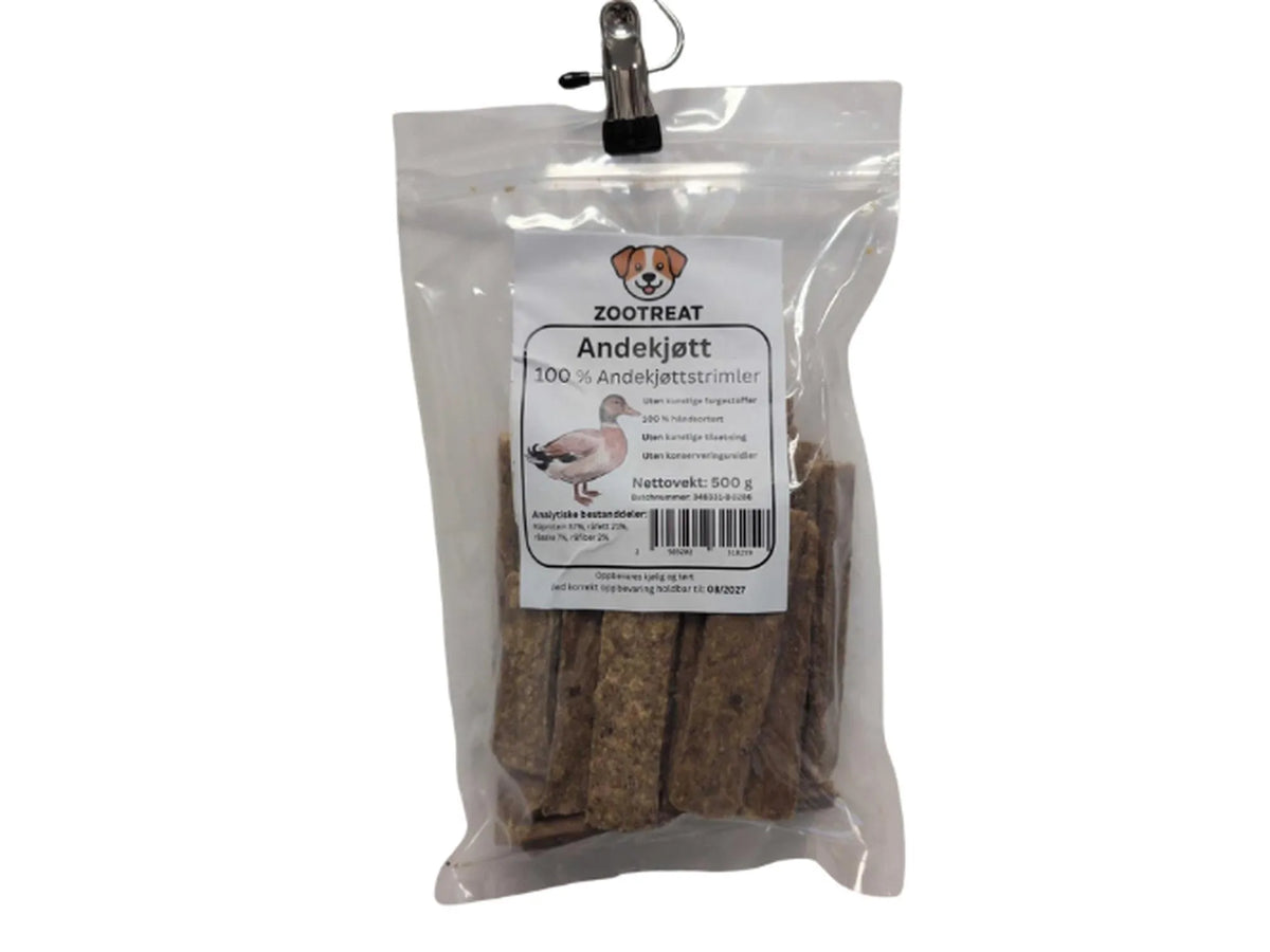 Zootreat andekjøttstrimler i en gjennomsiktig pose med hvit etikett, 500g.
