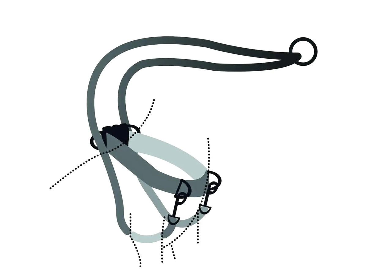 Enkel illustrasjon av en grå Easy Walker antitrekksele med frontfeste for bånd.