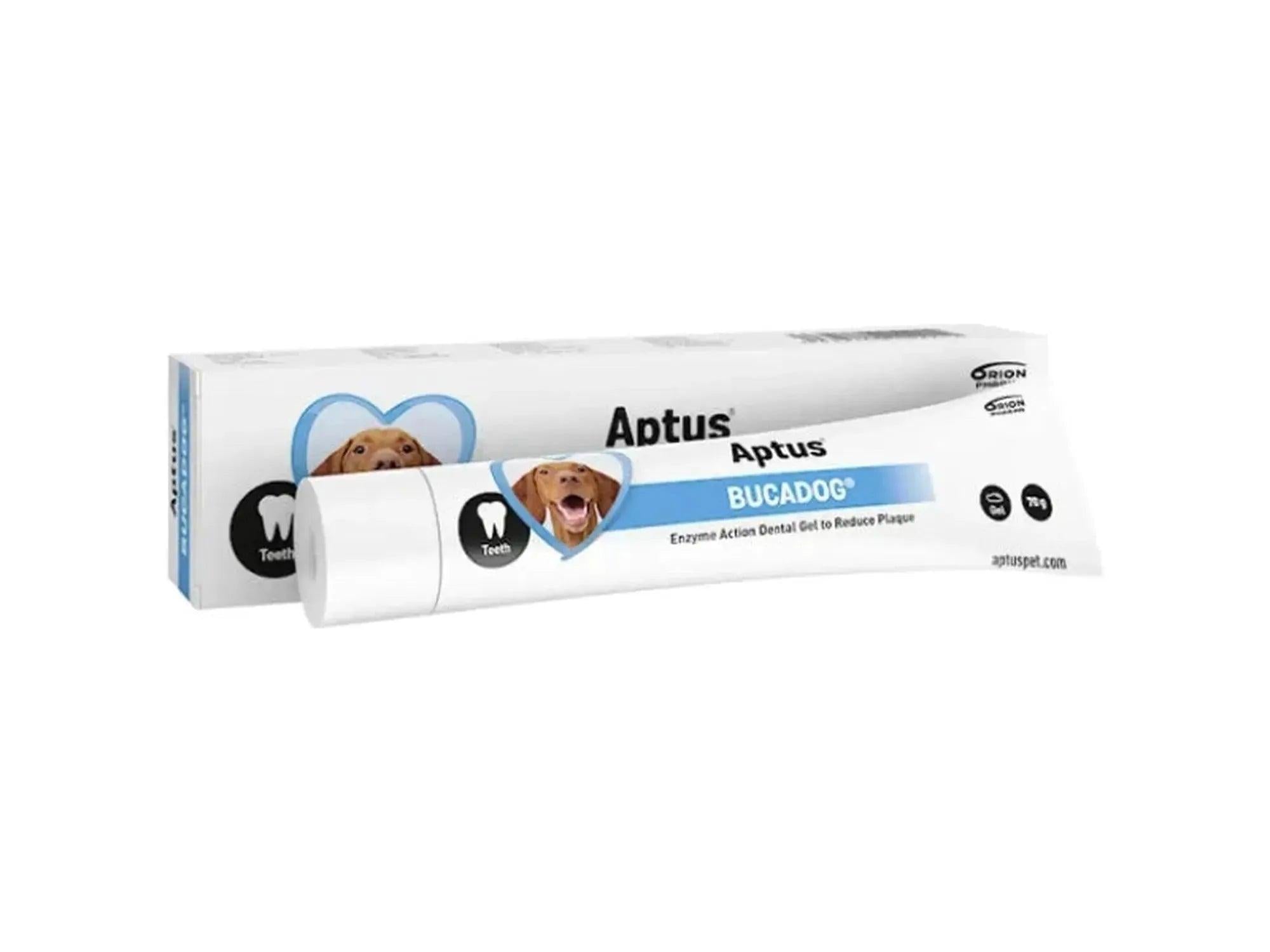 Hvit Aptus Bucadog enzymbasert tannpasta til hund, 70 g tube med blå detaljer og hundebilde.