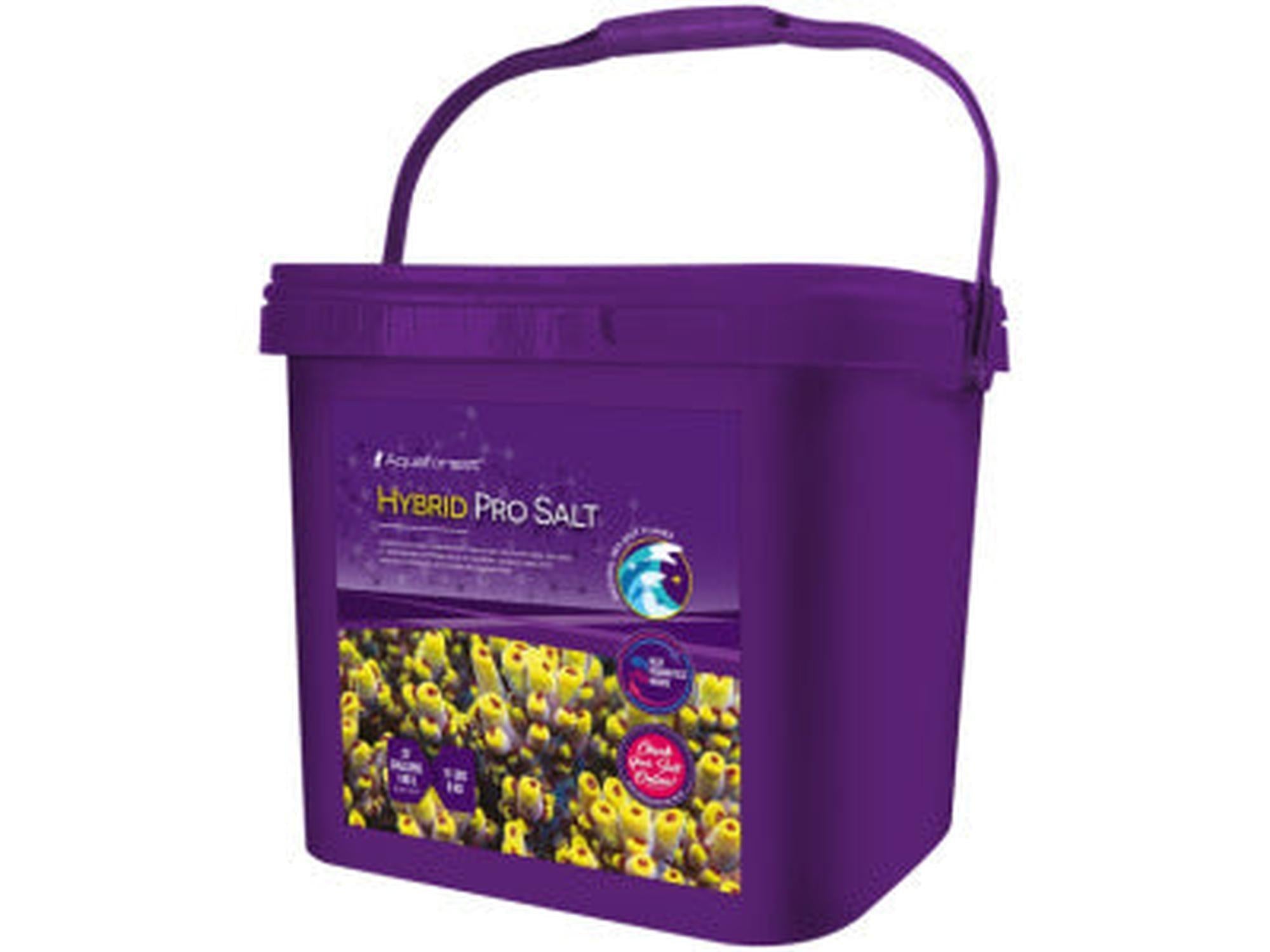 Aquaforest Hybrid Pro Salt 22kg i en lilla plastbøtte med fargerik etikett som viser koraller.