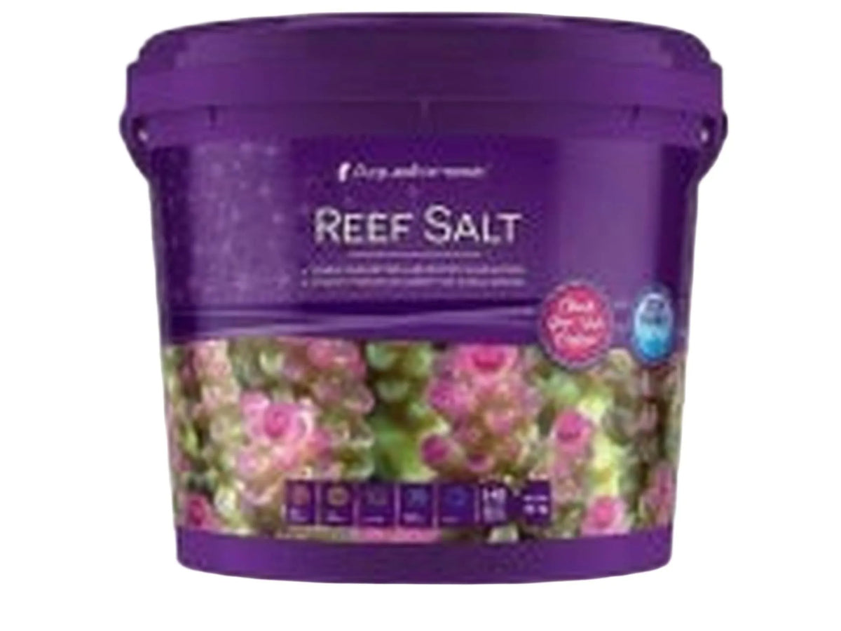 Lilla Aquaforest Reef Salt bøtte med korallbilder og produktinformasjon.