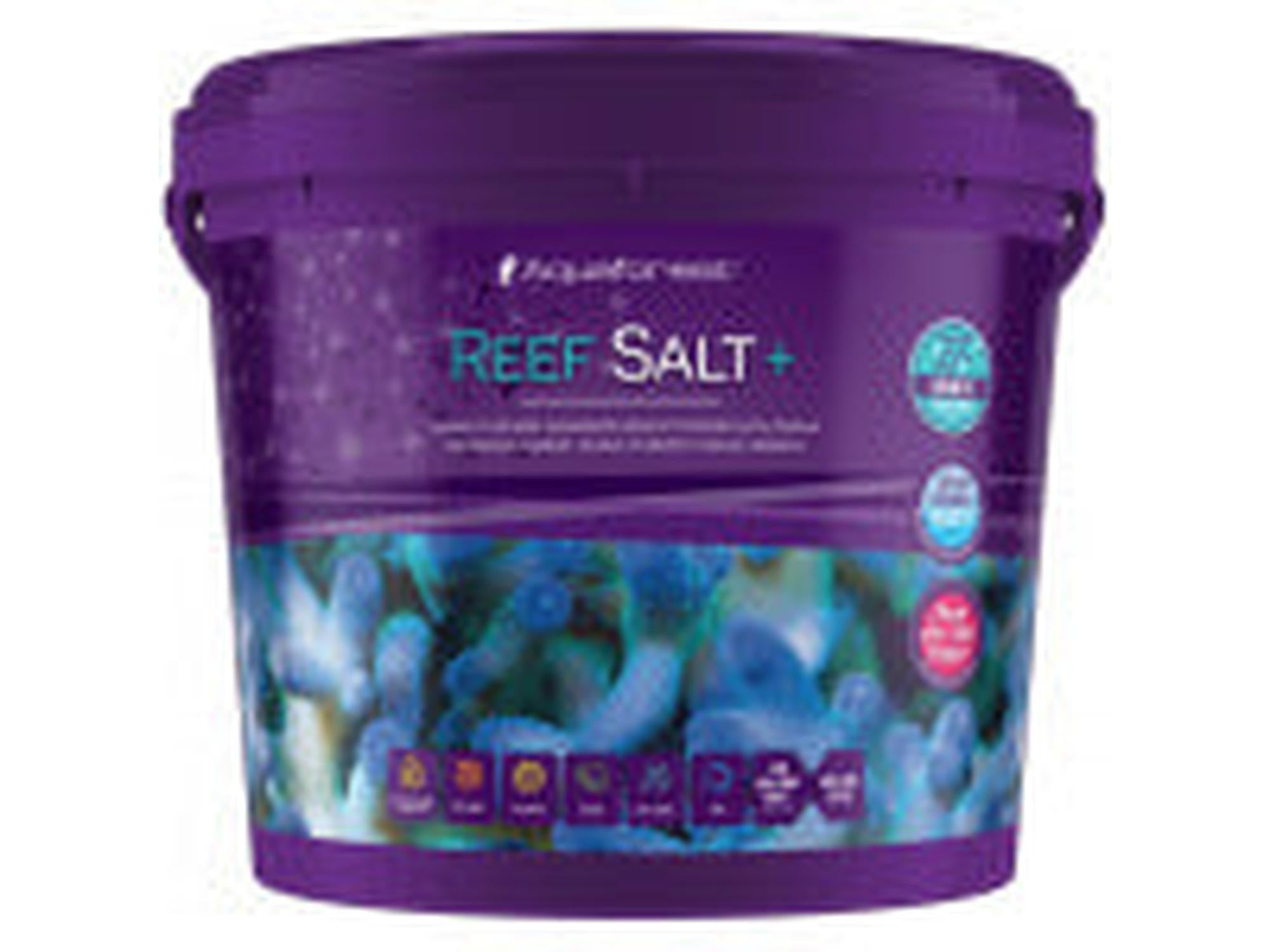 Aquaforest Reef Salt+ purple bucket with coral image, available in 5-22kg sizes.