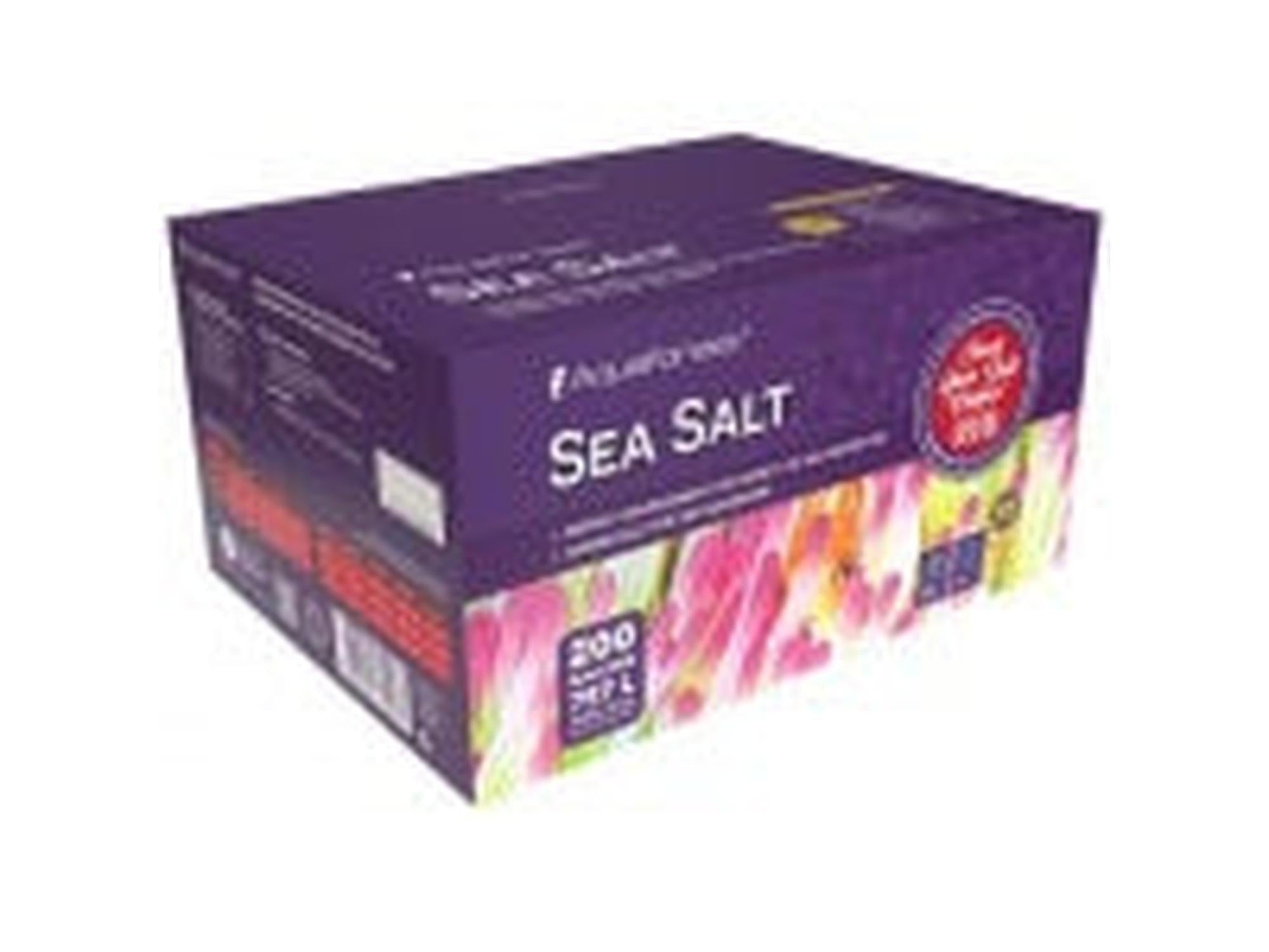 Aquaforest Sea Salt 7,5-25kg lilla eske for akvarier, med fargerik korallgrafikk.