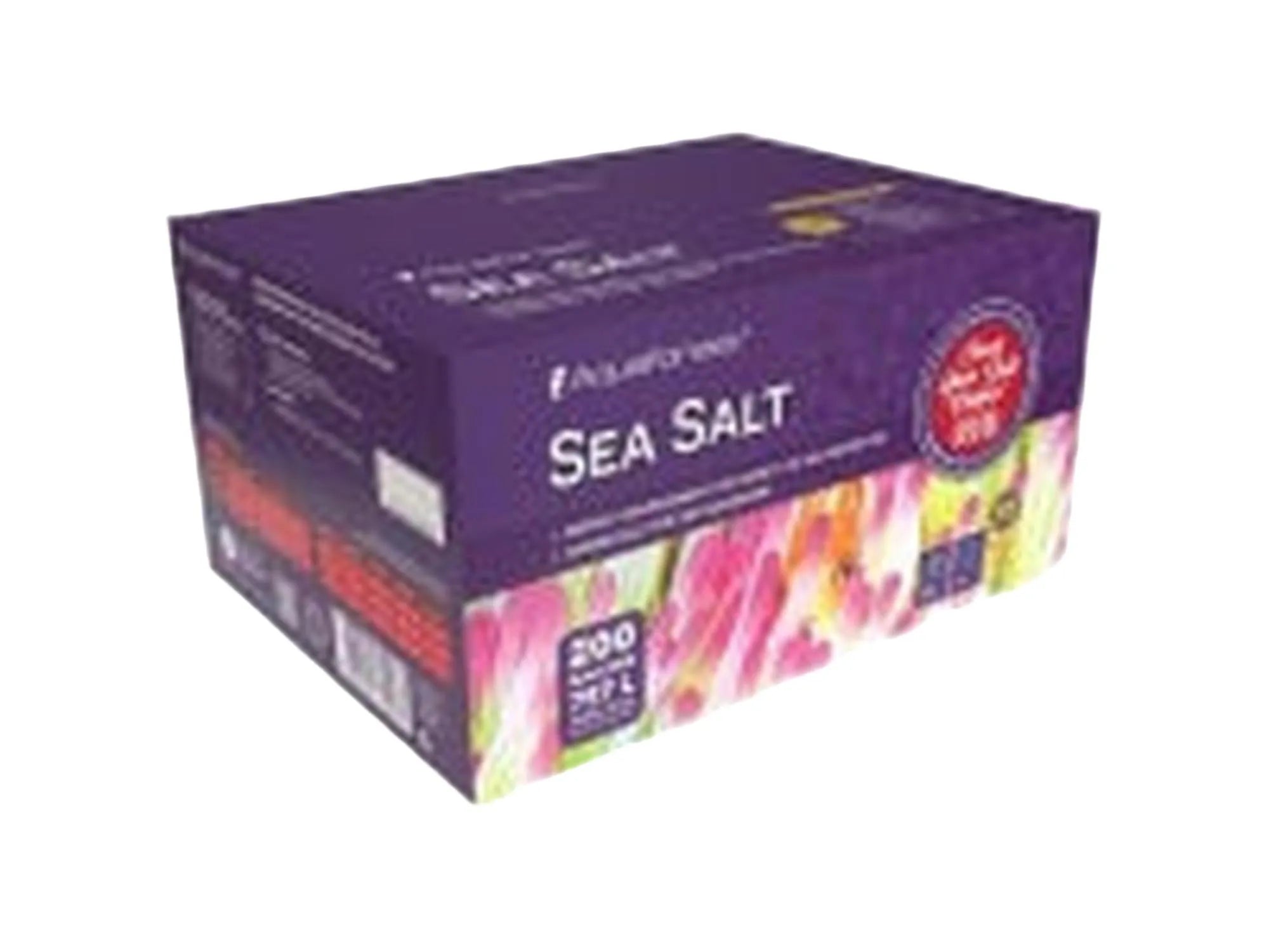 Aquaforest Sea Salt 7,5-25kg lilla eske for akvarier, med fargerik korallgrafikk.