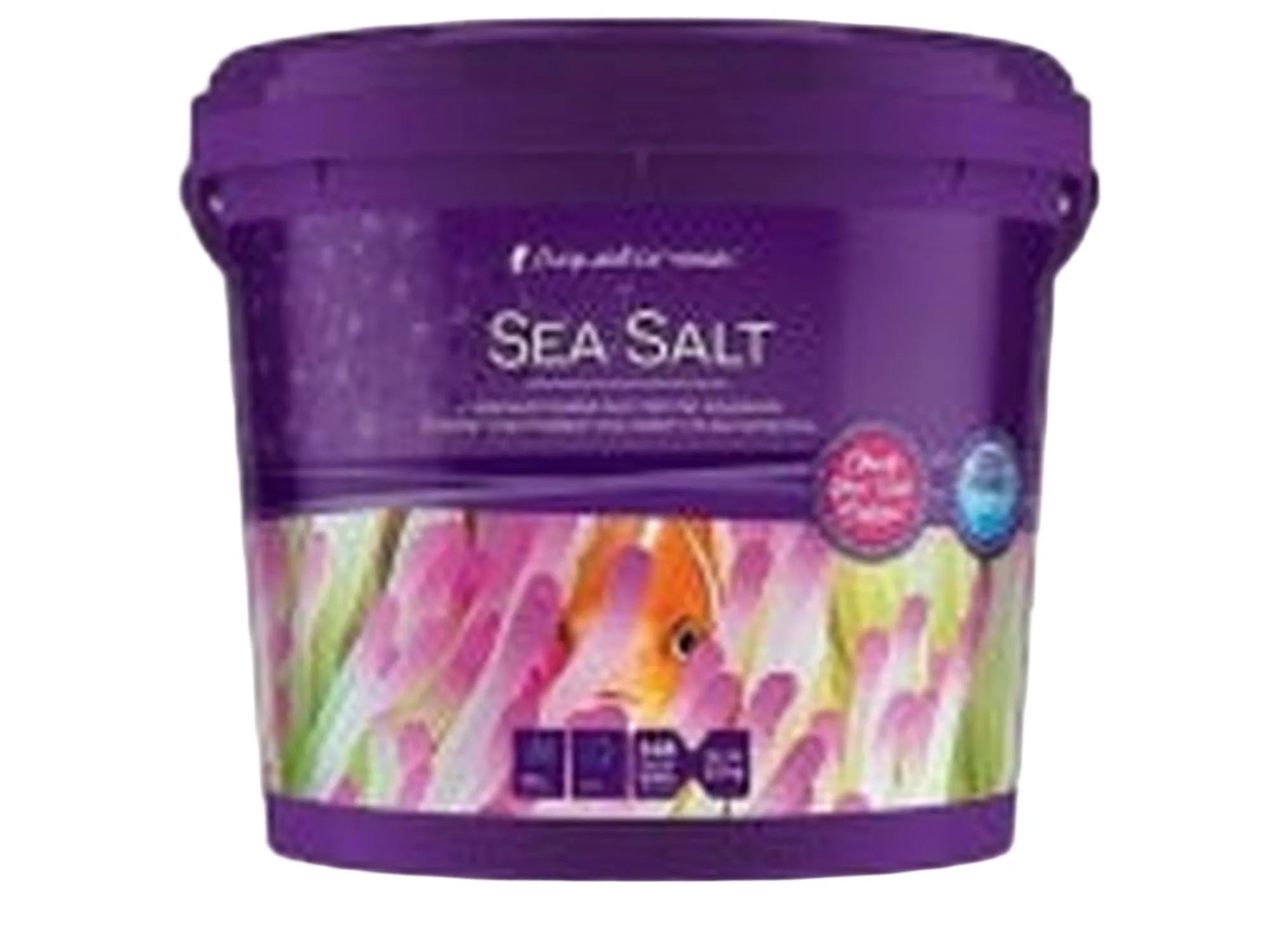 Lilla Aquaforest Sea Salt bøtte med akvariebilde av klovnefisk og koraller.