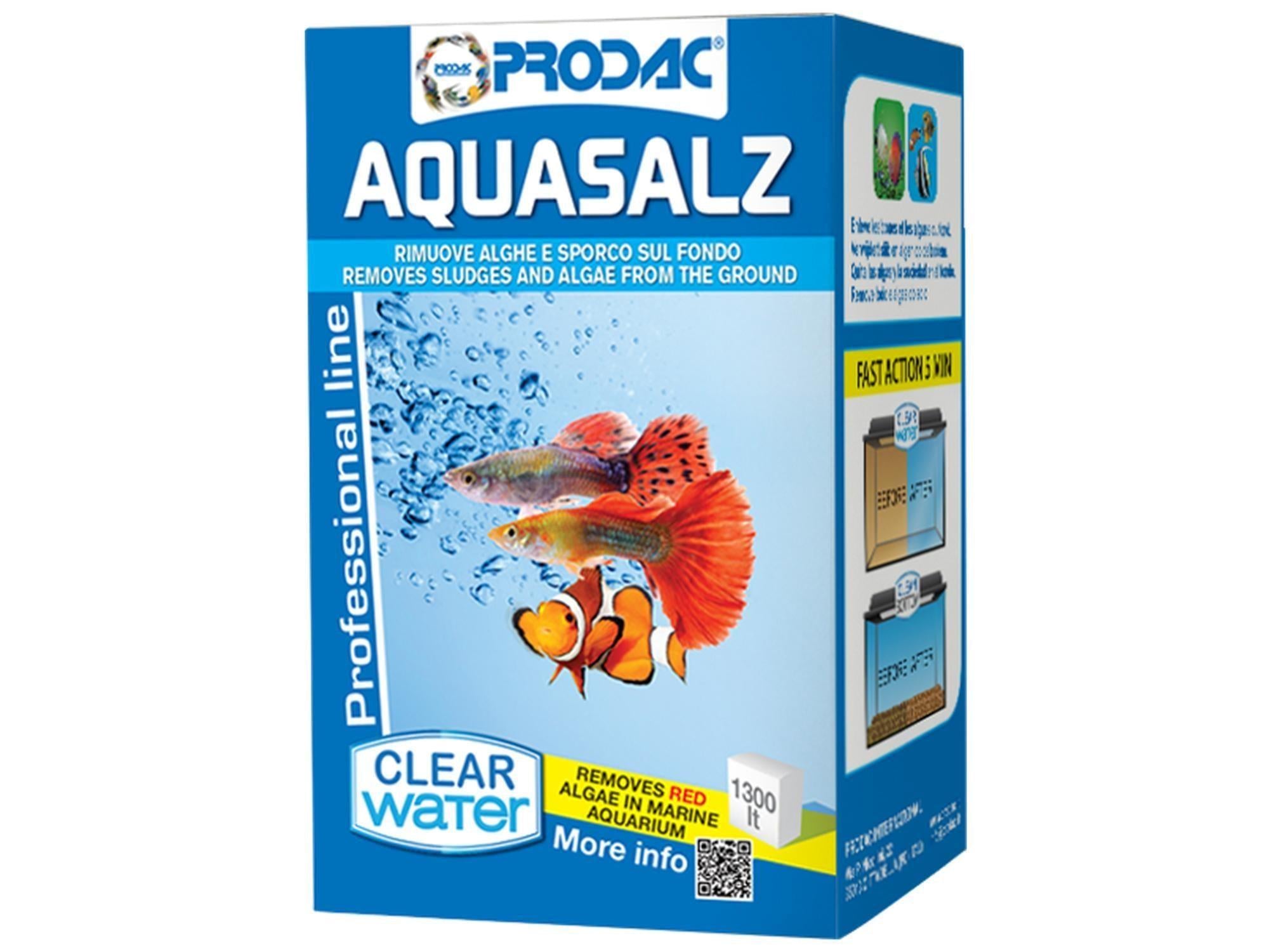 Prodac Aquasalz 75gr blå og hvit eske med akvariefisk og "Clear Water" logo.
