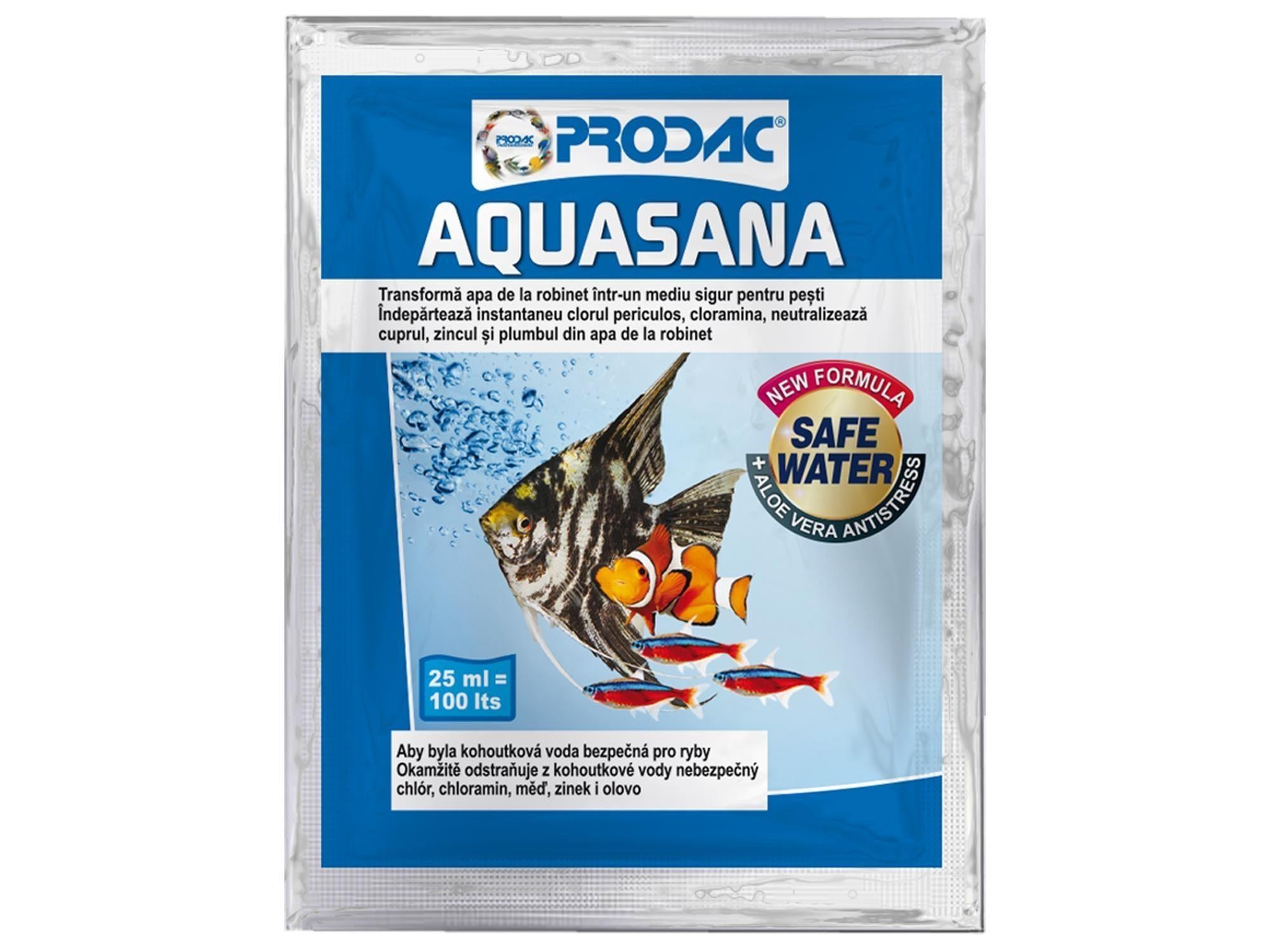 Prodac Aquasana vannbehandling for akvarier, 25ml pose med fisk og "Safe Water" logo.