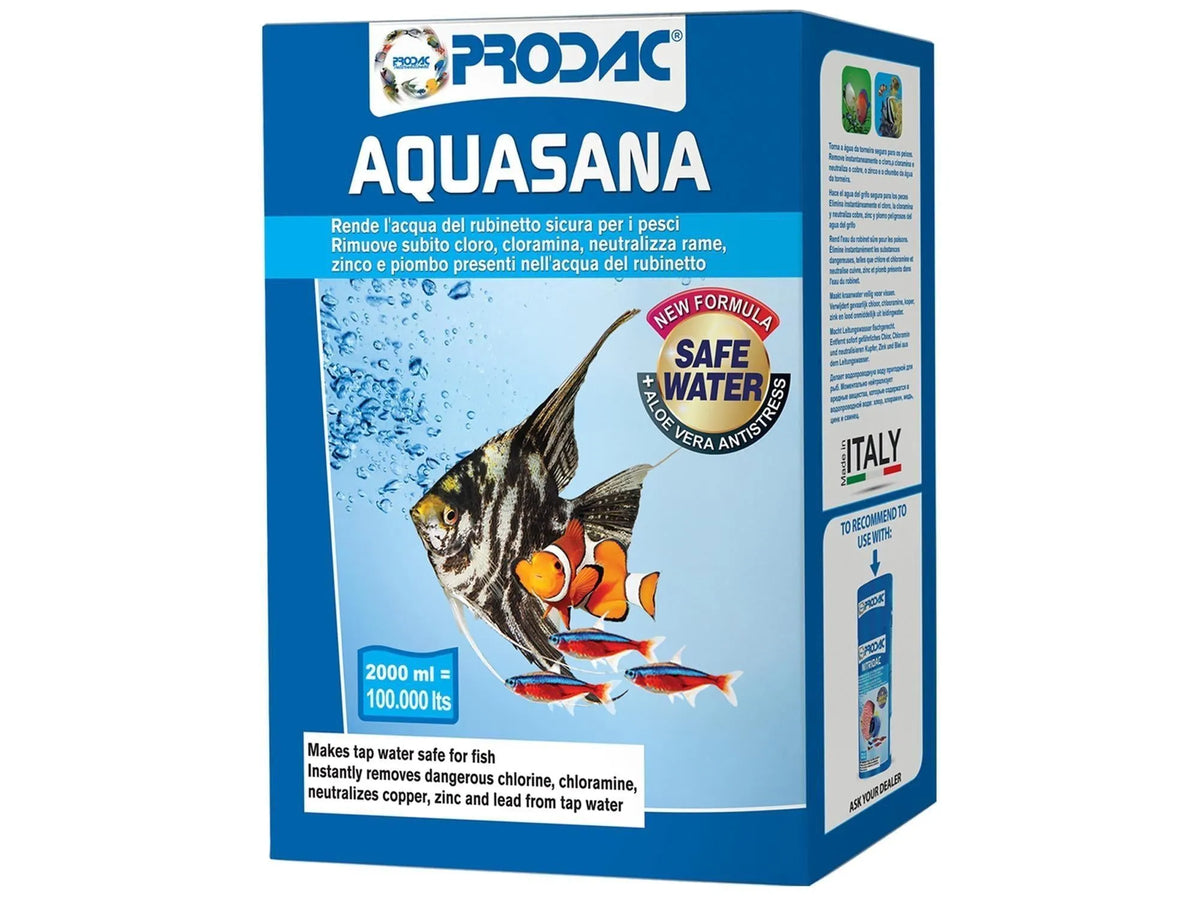 Prodac Aquasana vannforbedring for akvarier, blå og hvit boks med fisk og "Safe Water" logo.