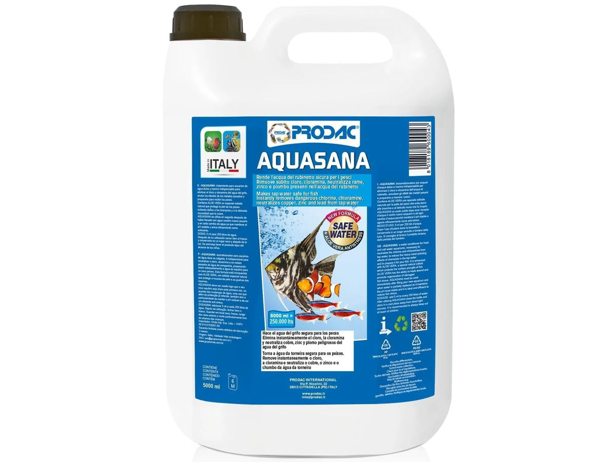 Stor hvit Prodac Aquasana vannforbedringskanne (5000ml) med blå etikett og fiskemotiver.