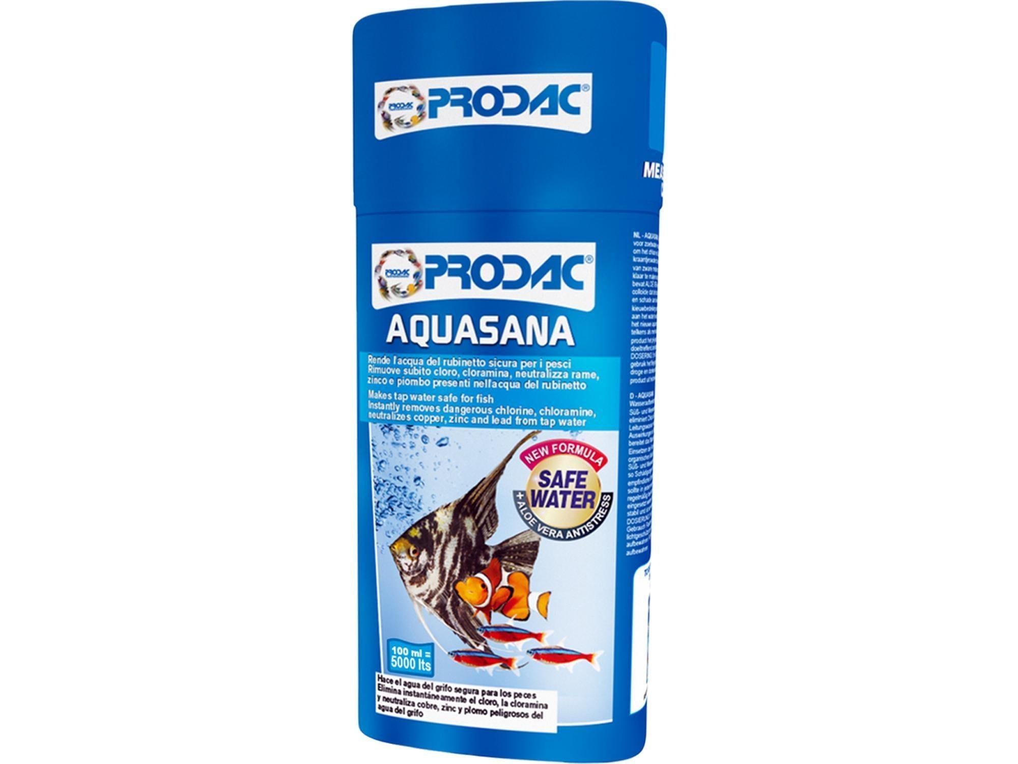 Blå Prodac Aquasana vannbehandlingsflaske for akvarier, med fisk og "Safe Water" etikett.