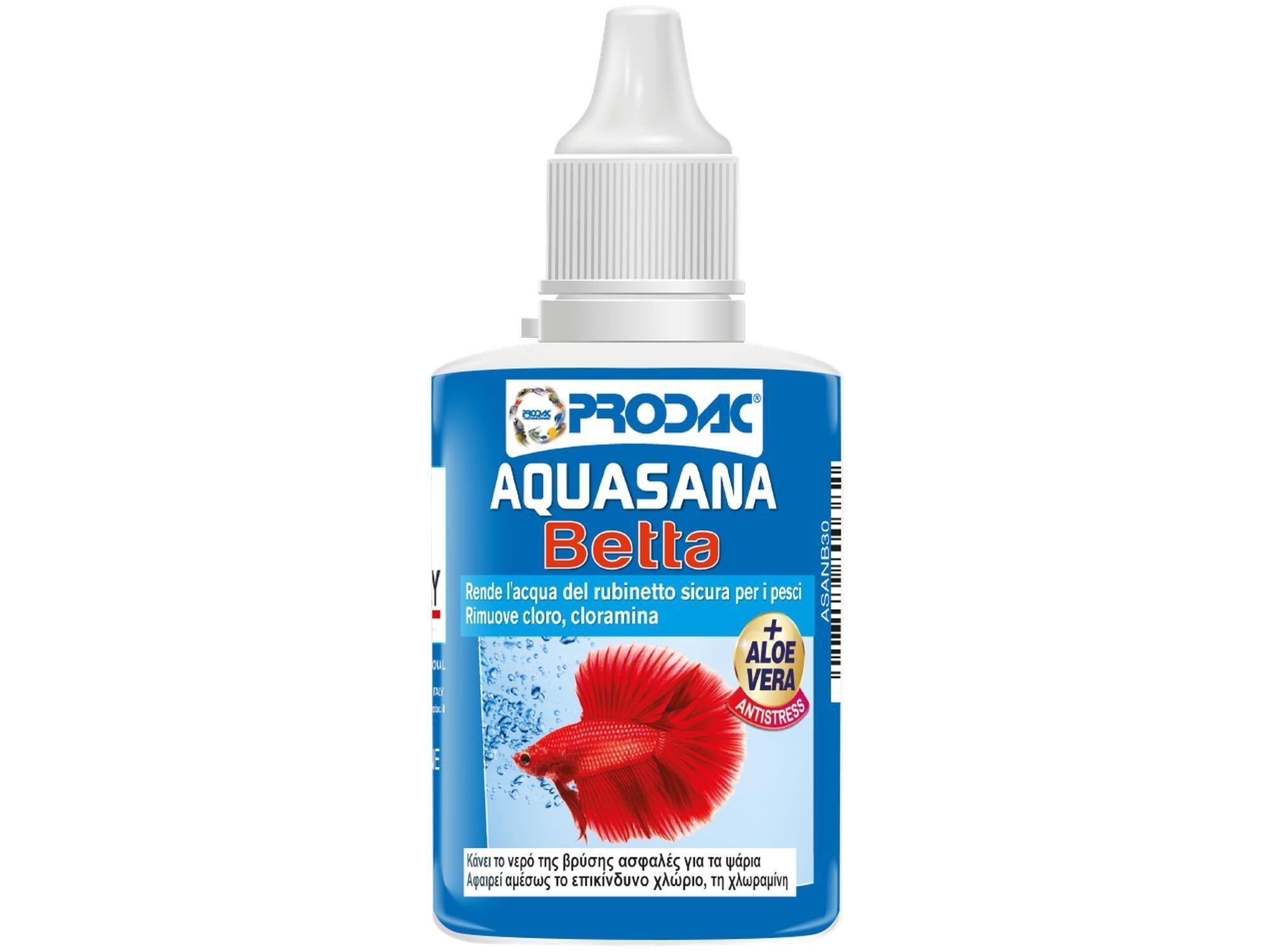 Prodac Aquasana Betta 30ml vannforbedring med aloe vera, blå og hvit flaske med rød kampfisk.