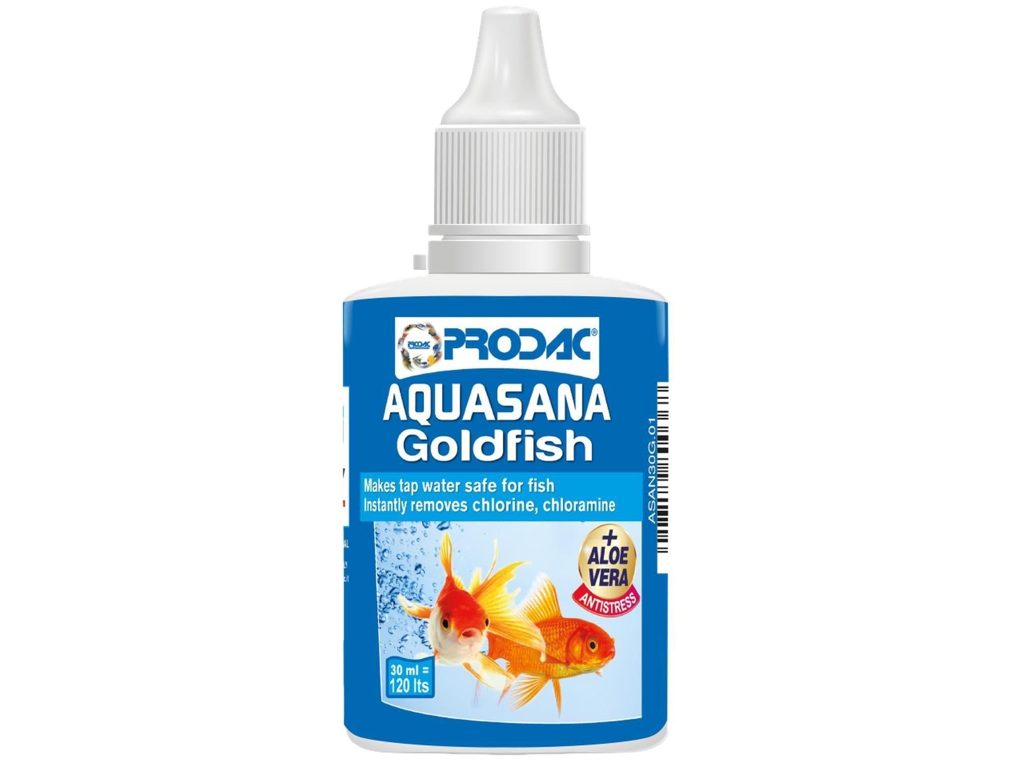 Prodac Aquasana Goldfish 30ml vannbehandling med Aloe Vera, blå flaske med gullfisk-illustrasjon.