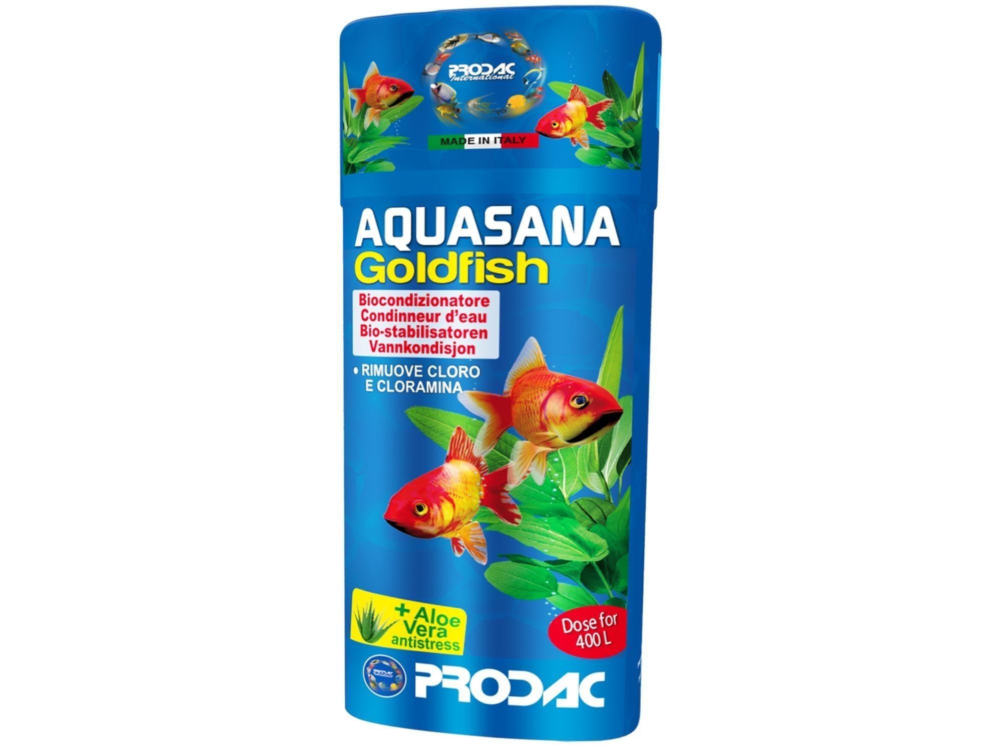 Blå Prodac Aquasana Goldfish vannkondisjonering for akvarium, med gullfisk og Aloe Vera-logo.