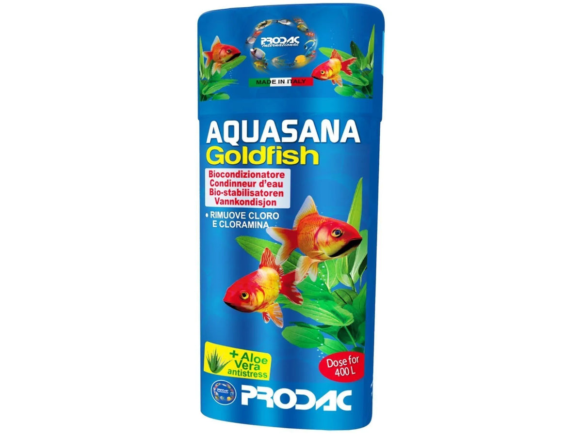 Blå Prodac Aquasana Goldfish vannkondisjonering for akvarium, med gullfisk og Aloe Vera-logo.
