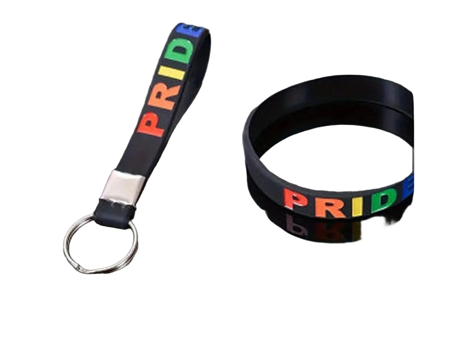 Svart silikonarmbånd og nøkkelbånd med "PRIDE" i regnbuefarger.