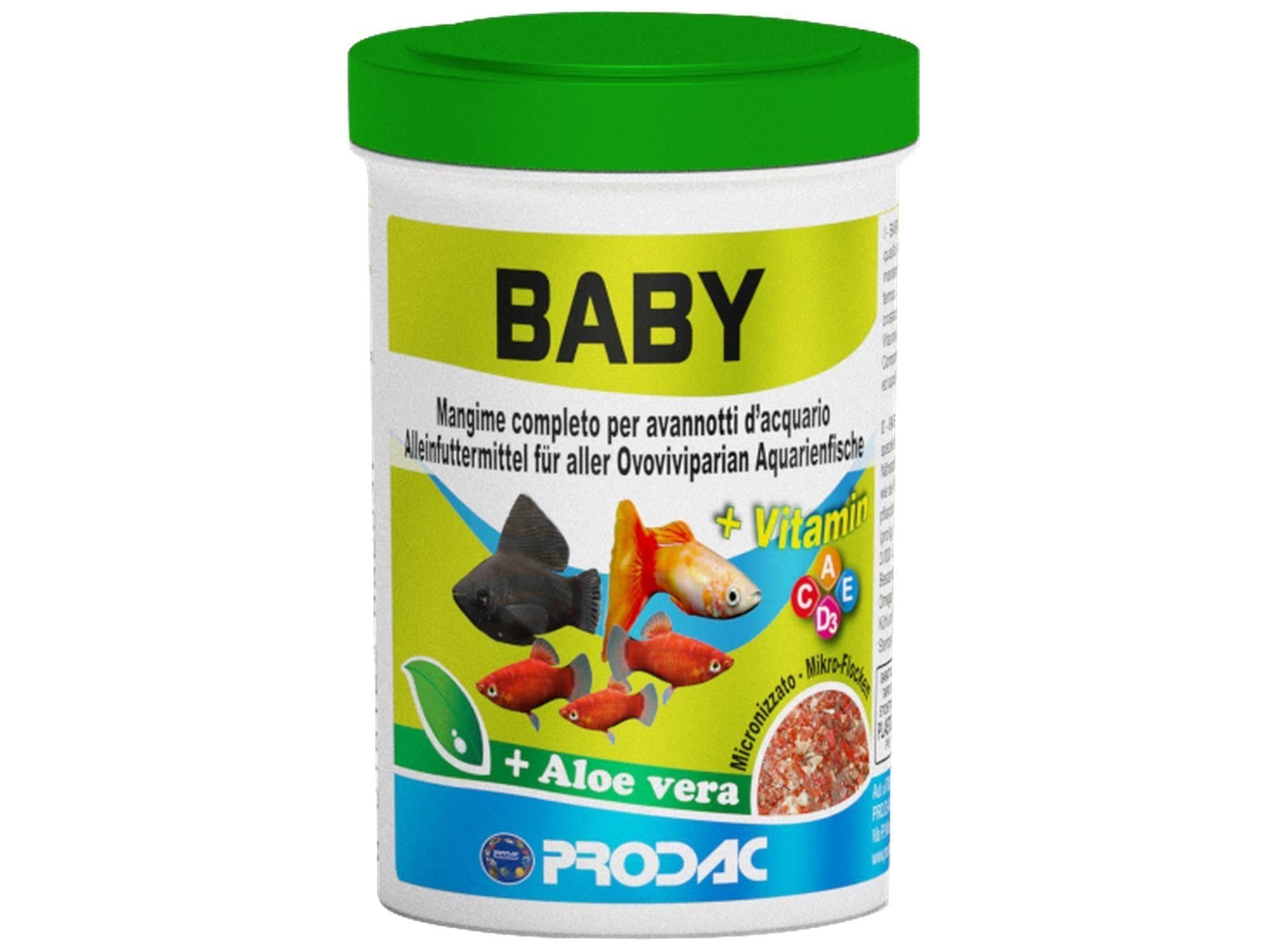 White Prodac Baby Flakes 50ml fish food container with green lid and colorful fish illustrations.