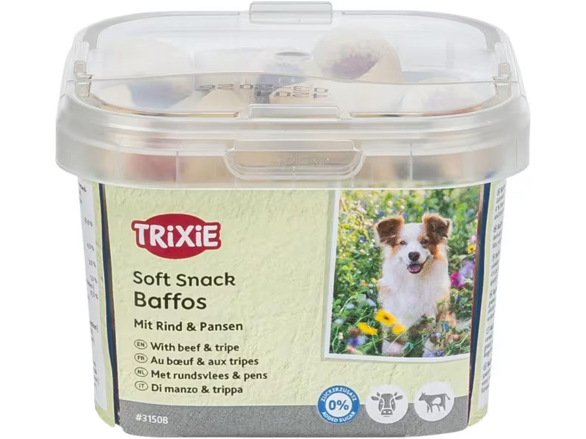 Trixie Baffos Soft Snack med oksekjøtt og innmat i en 140g gjennomsiktig boks med hundebilde.