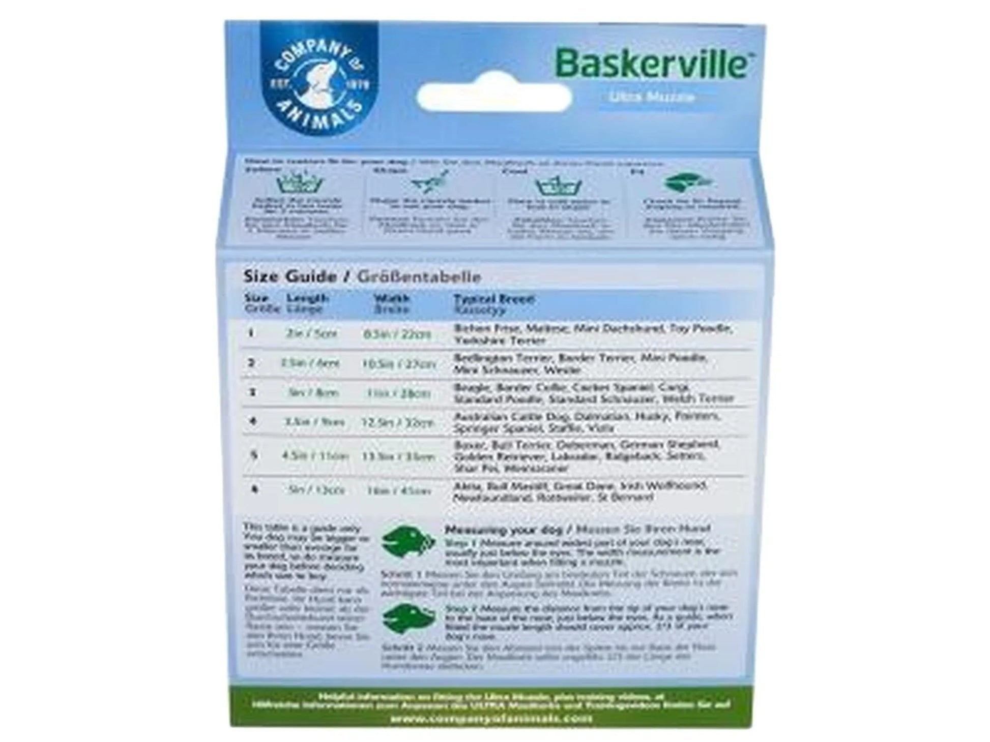 Baskerville Ultra Muzzle emballasje med størrelsesguide for hunderaser, blå og grønn.