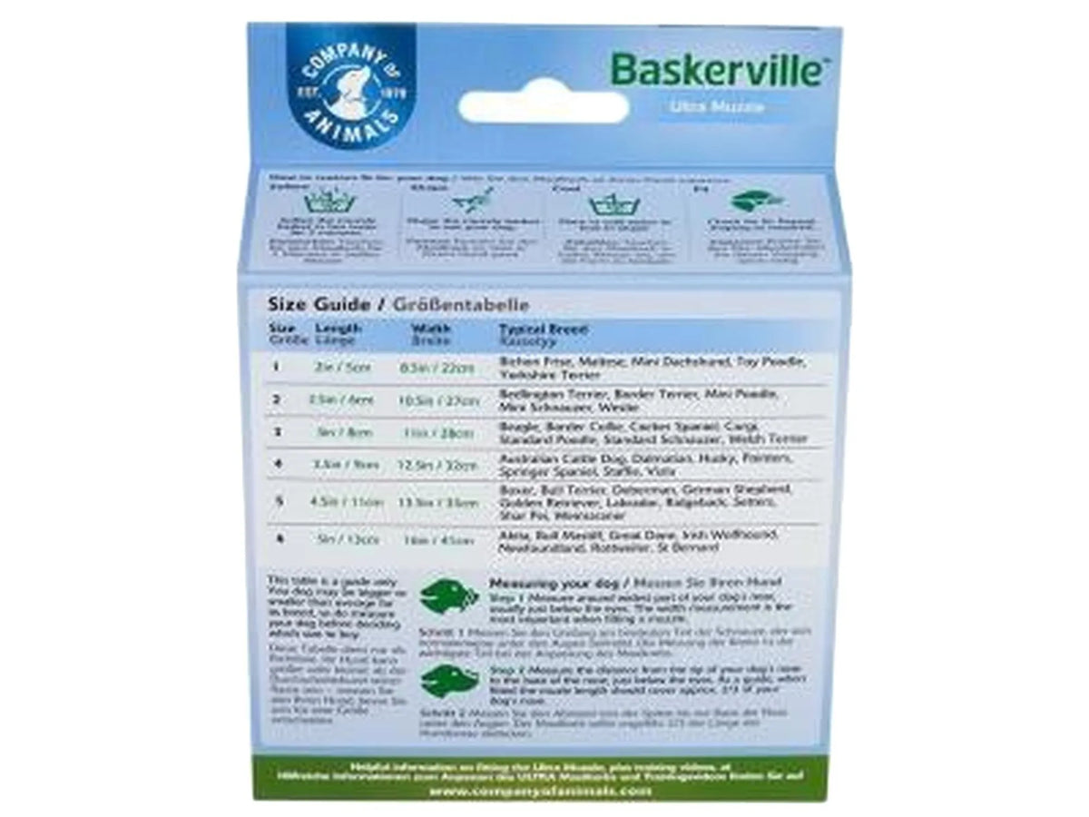 Baskerville Ultra Muzzle emballasje med størrelsesguide for hunderaser, blå og grønn.