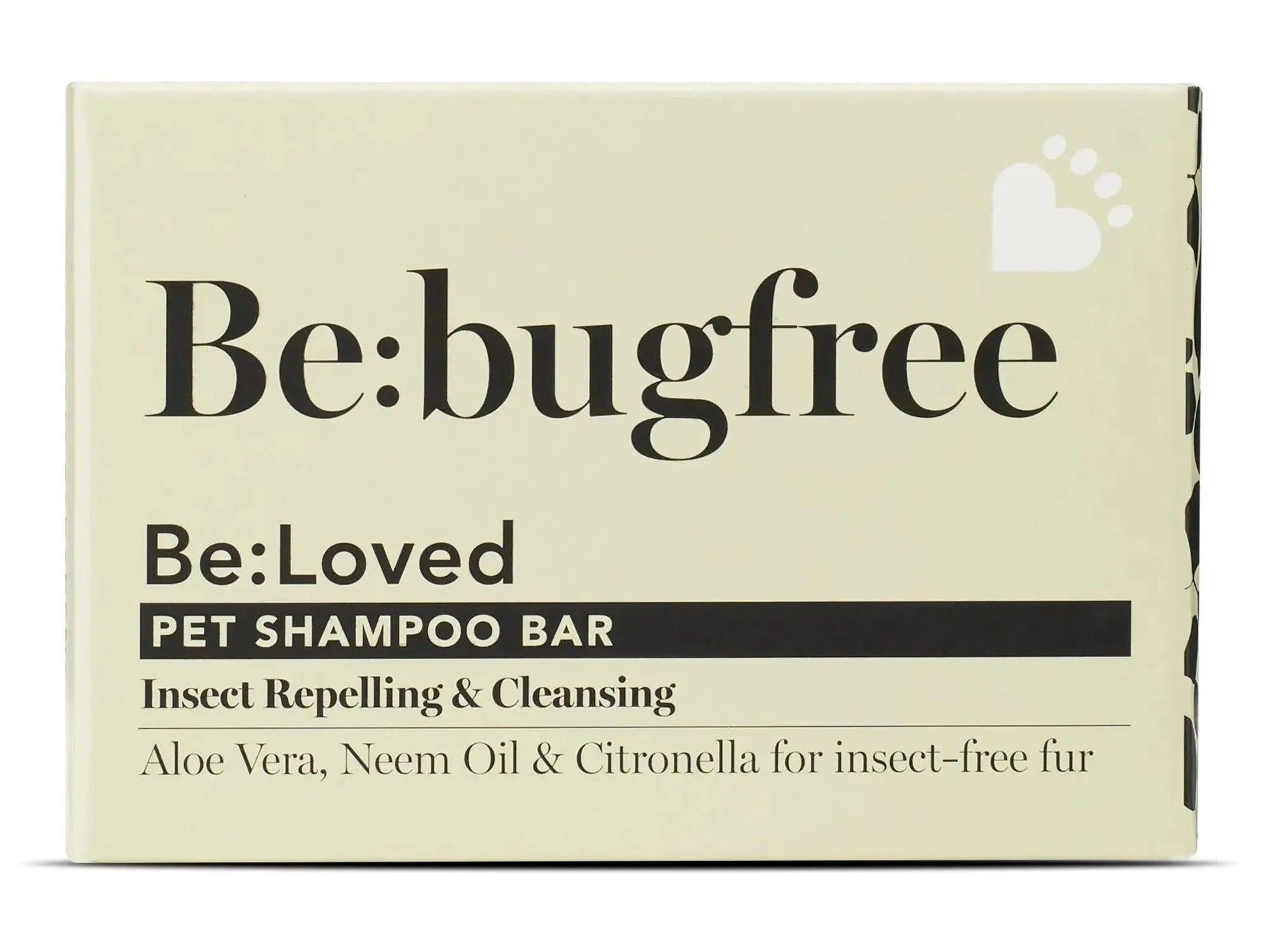 Be:bugfree hundeshampo bar i lys beige emballasje med svart tekst og hjerte/pote-logo.