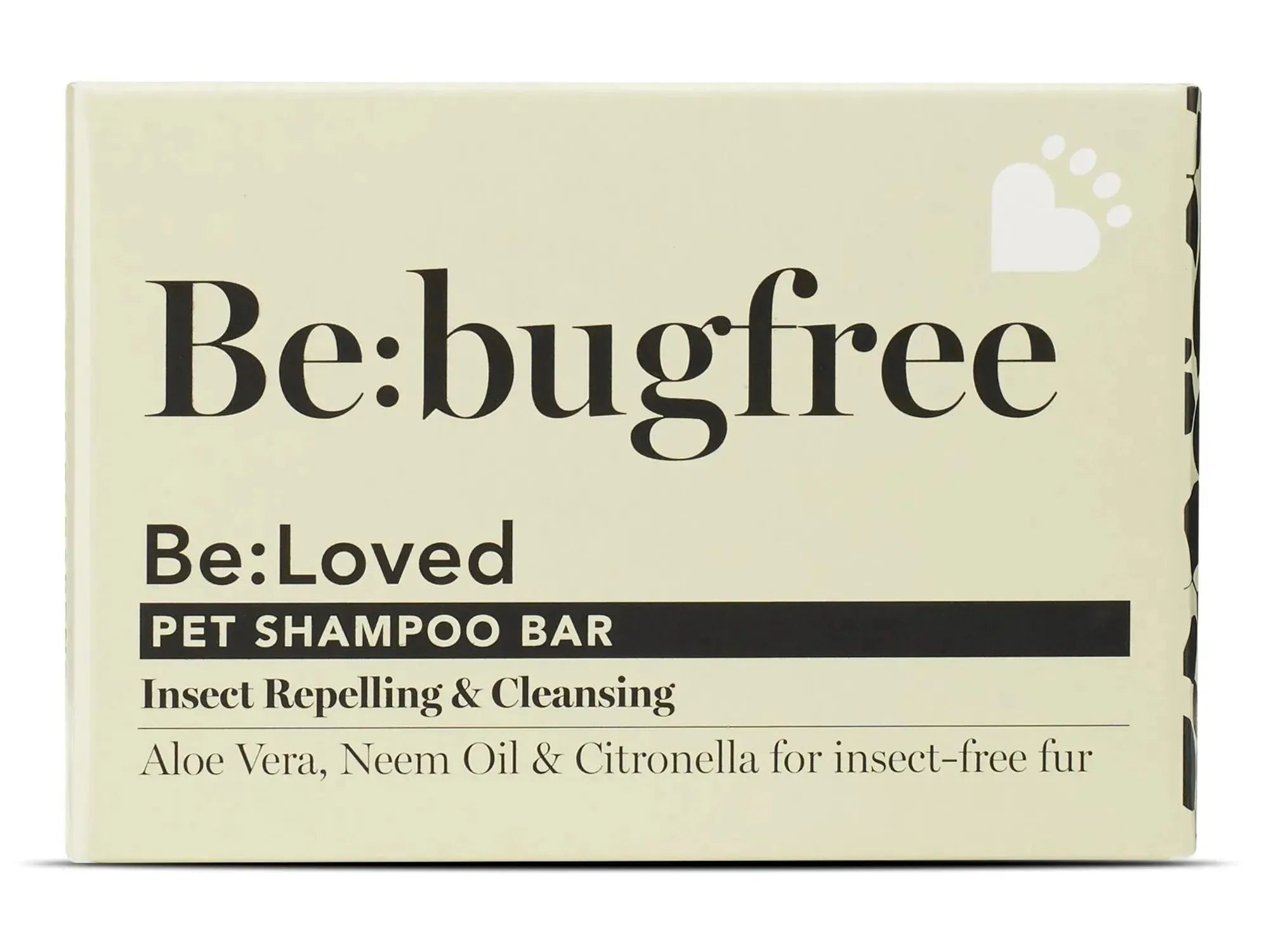 Be:bugfree hundeshampo bar i lys beige emballasje med svart tekst og hjerte/pote-logo.