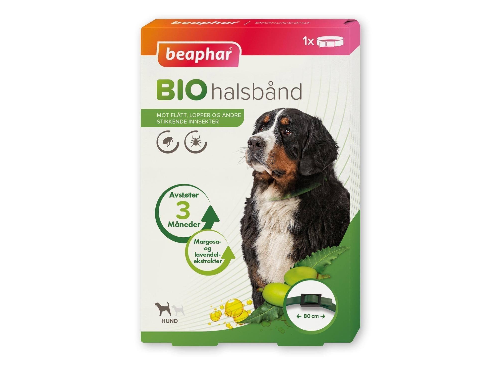 Beaphar Bio Halsbånd til hund 80 cm, grønn eske med bilde av hund og halsbånd.