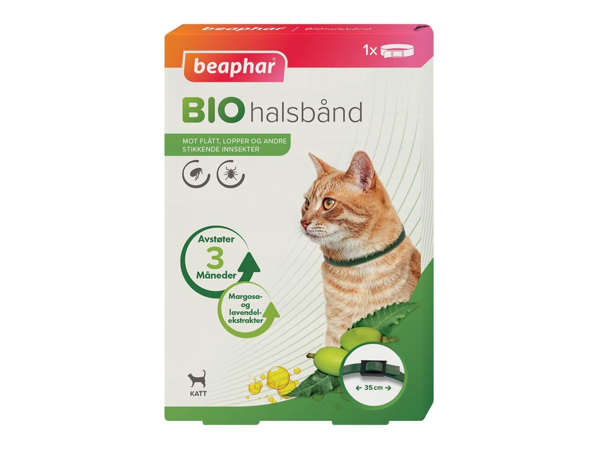 Beaphar Bio Halsbånd til katt i grønn farge, vist på en oransje katt med emballasje.