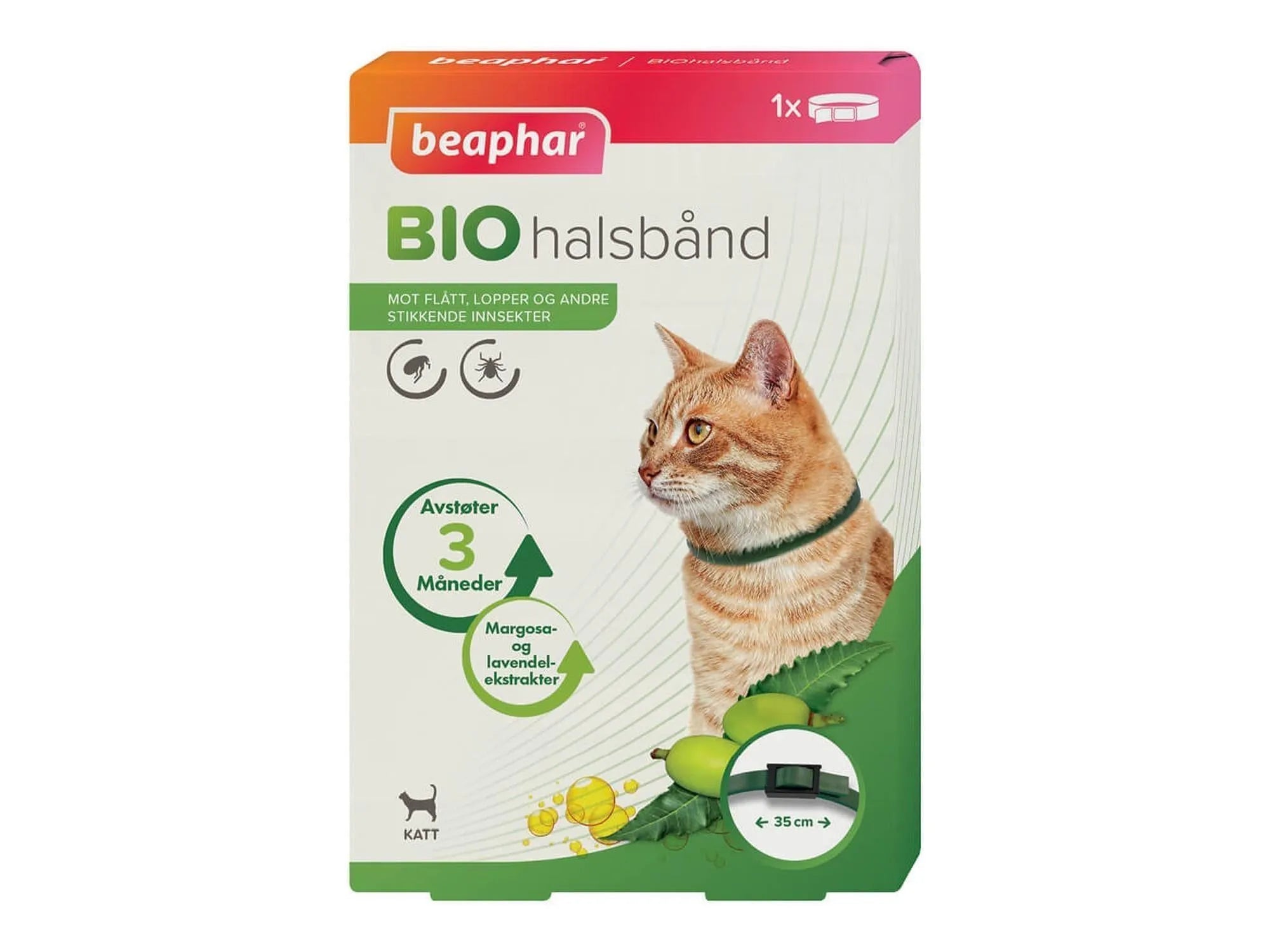 Beaphar Bio Halsbånd til katt i grønn farge, vist på en oransje katt med emballasje.