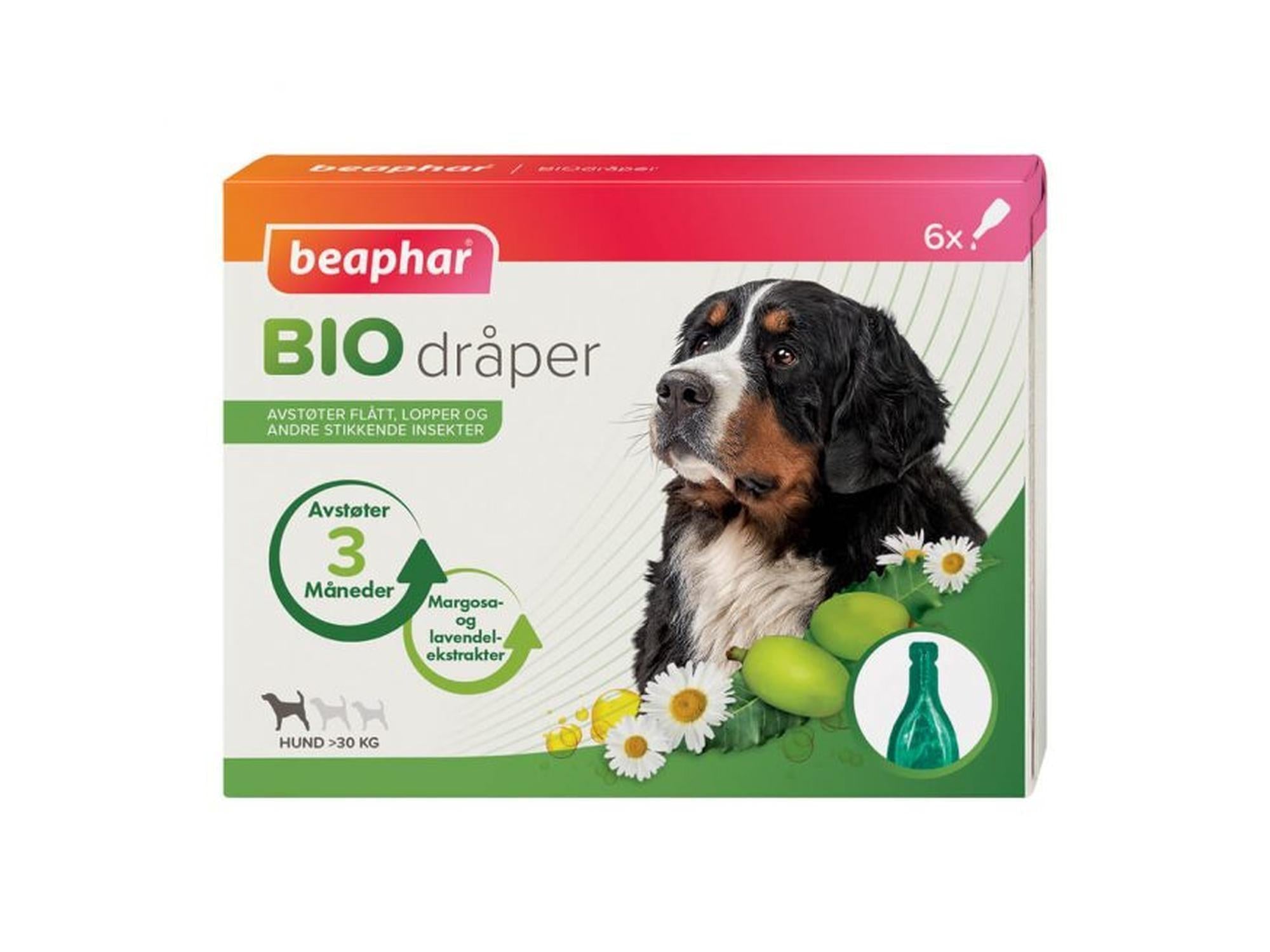 Beaphar Bio dråper for hund over 30 kg, med margosa og lavendel, 6 pipetter.