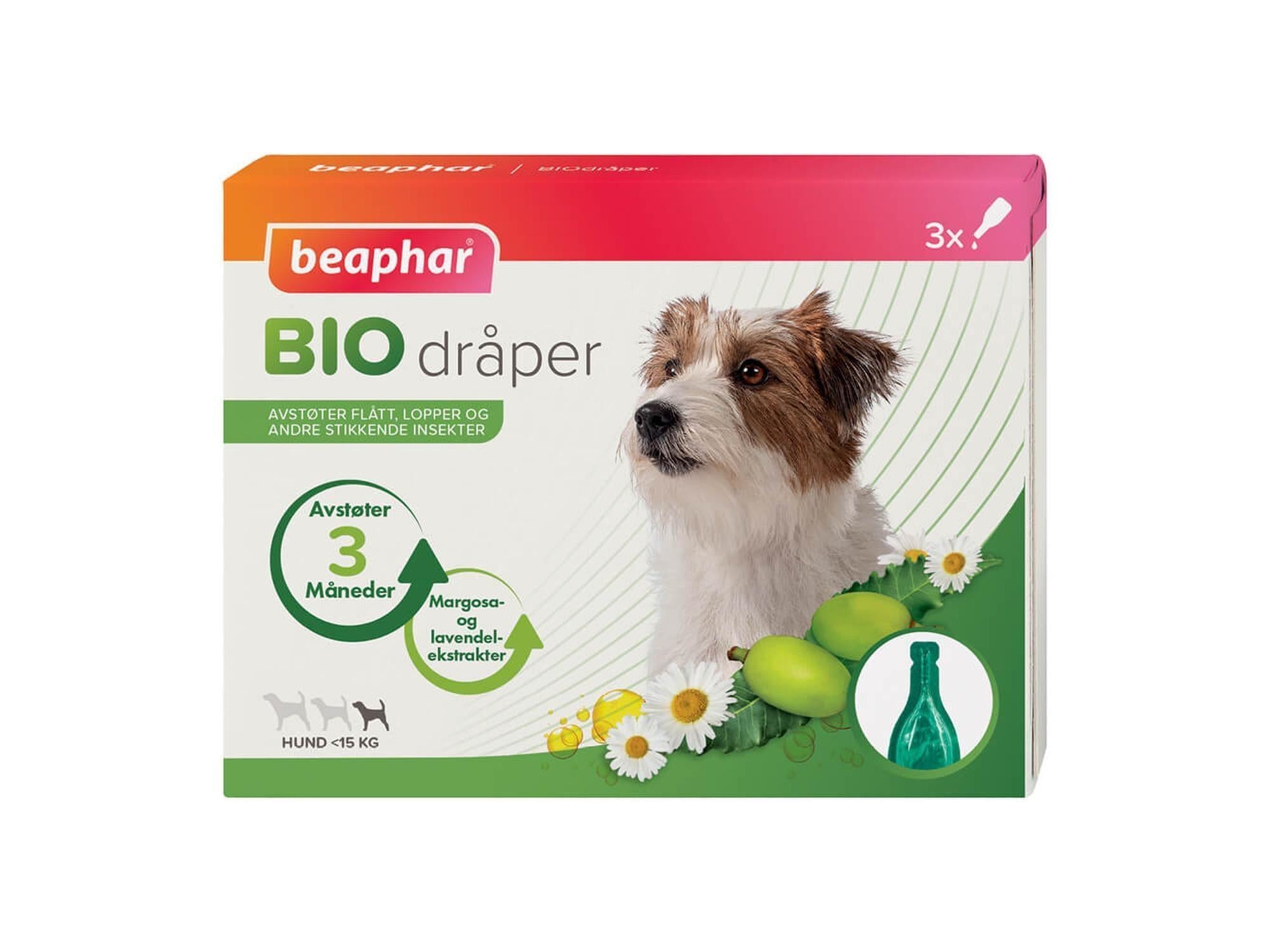 Beaphar Bio Spot On Hund under 15 kg, hvit og grønn eske med hund, margosa og lavendel.