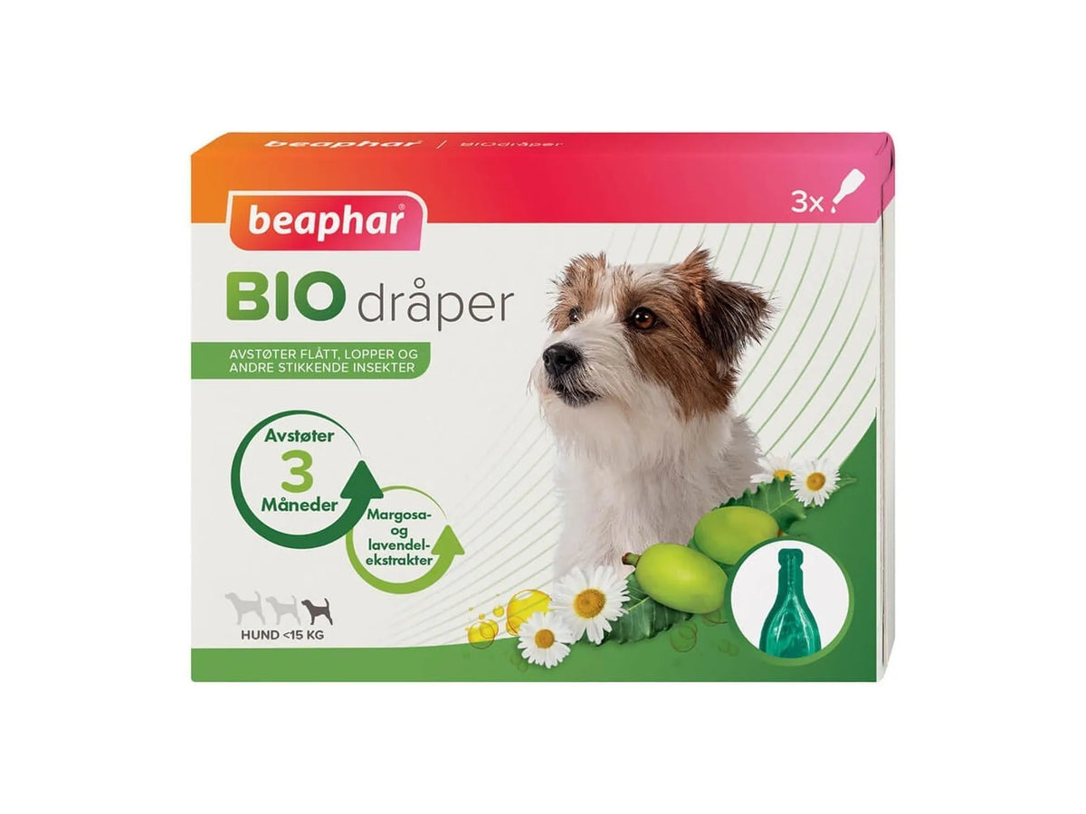 Beaphar Bio Spot On Hund under 15 kg, hvit og grønn eske med hund, margosa og lavendel.
