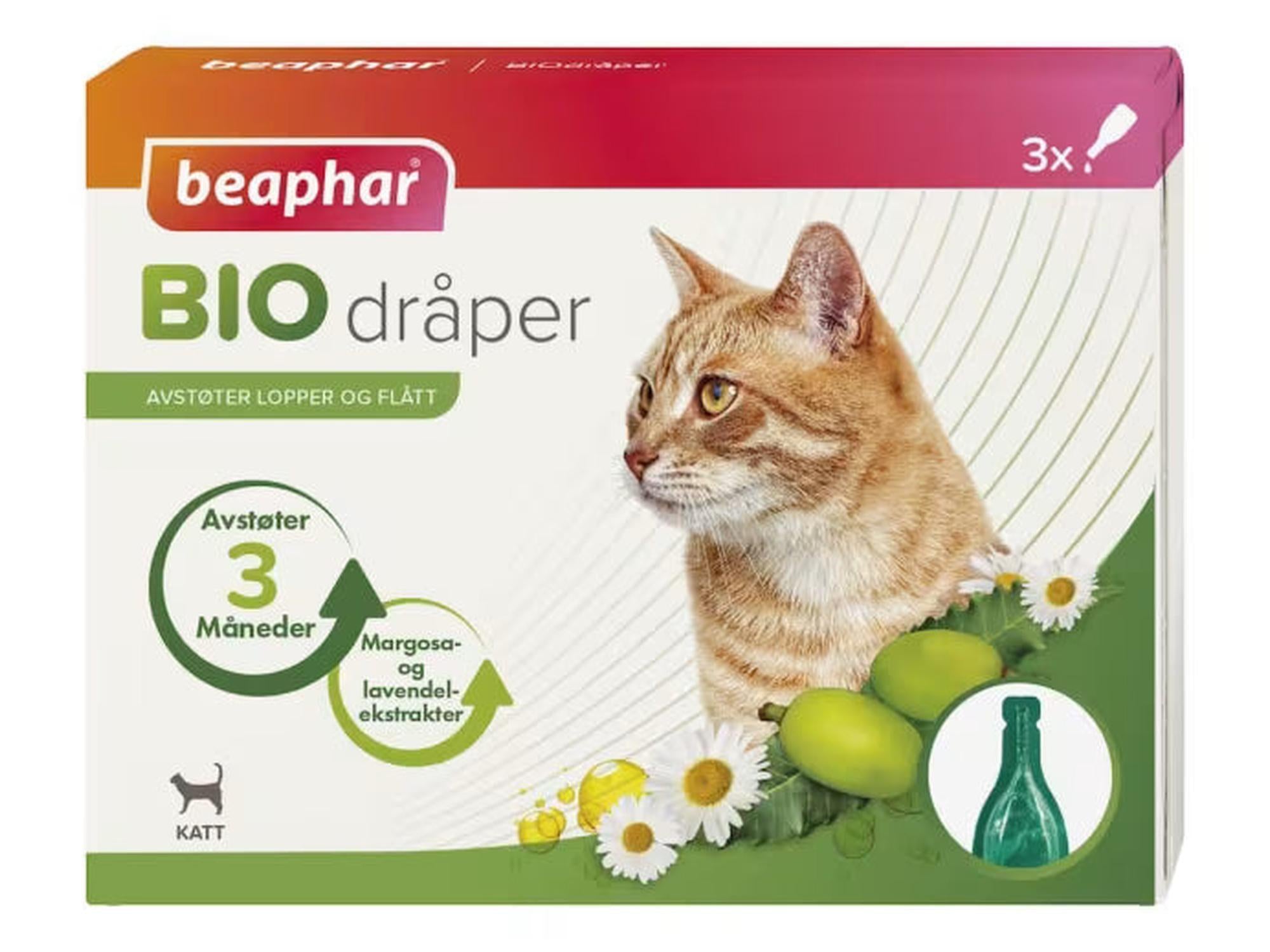 Beaphar Bio dråper for katt, hvit og grønn eske med bilde av katt, margosa og lavendel.