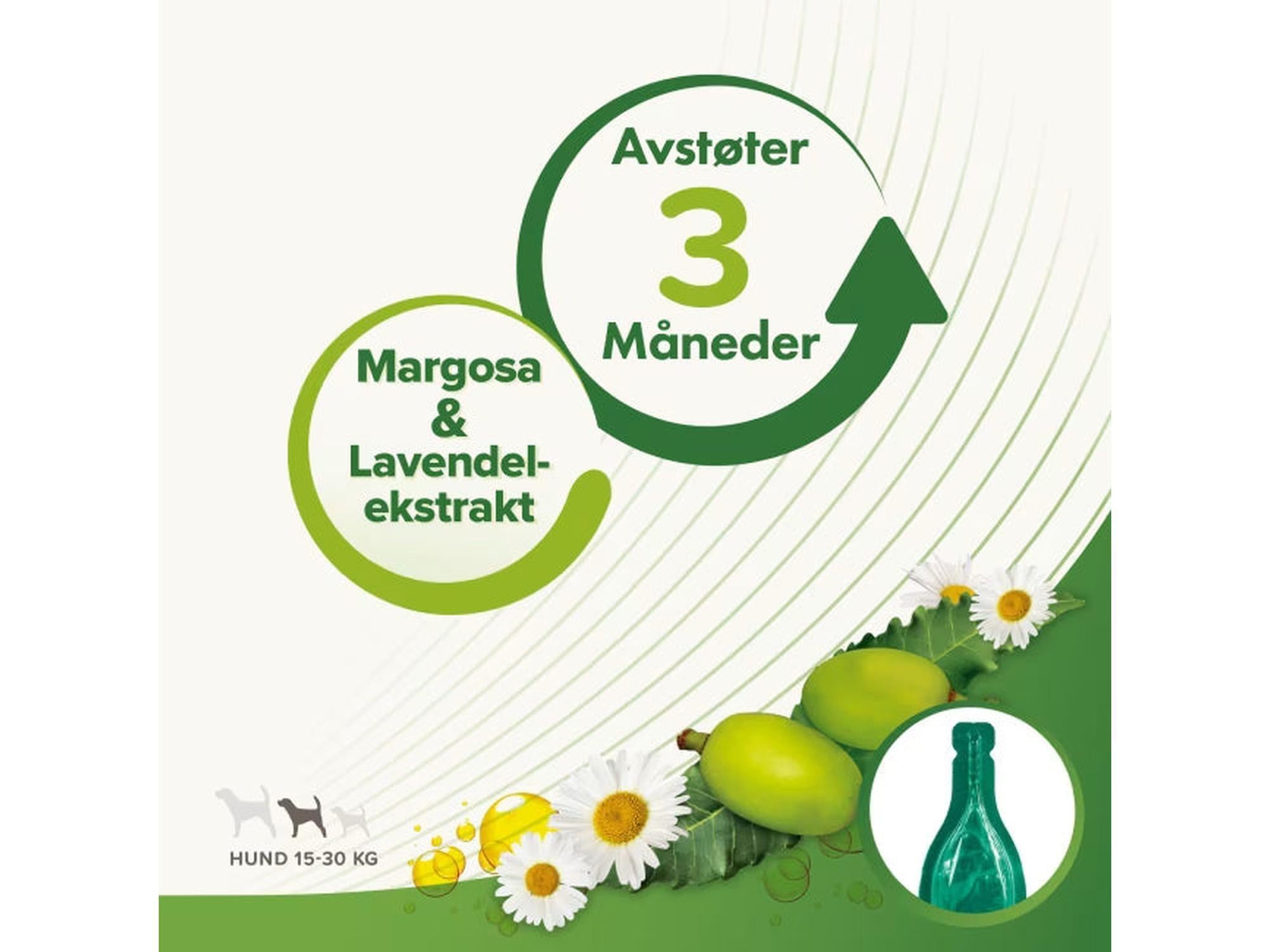 Grønn flaske, margosa- og lavendelekstrakt, avstøter i 3 måneder for hund 15-30 kg.