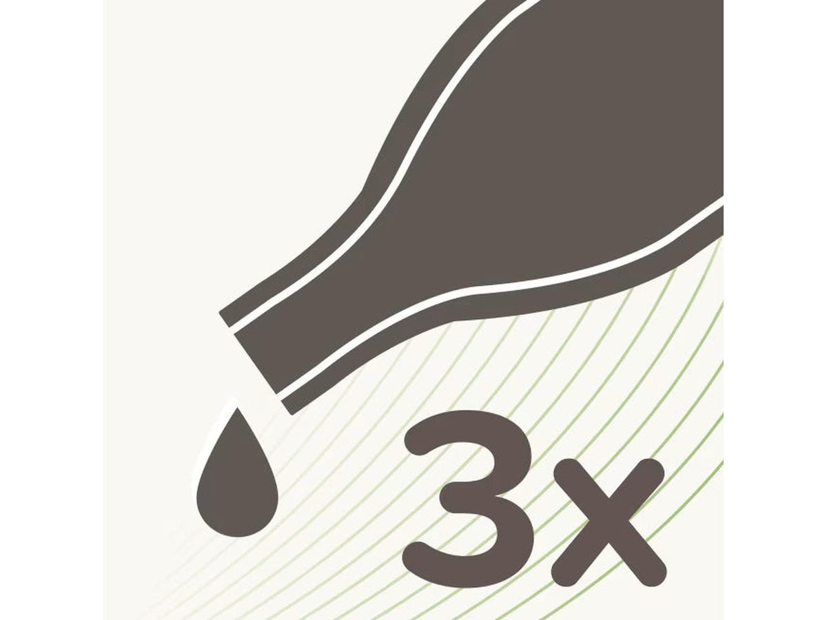 Illustrasjon av en brun pipette som drypper, med "3x" og grønne striper i bakgrunnen.
