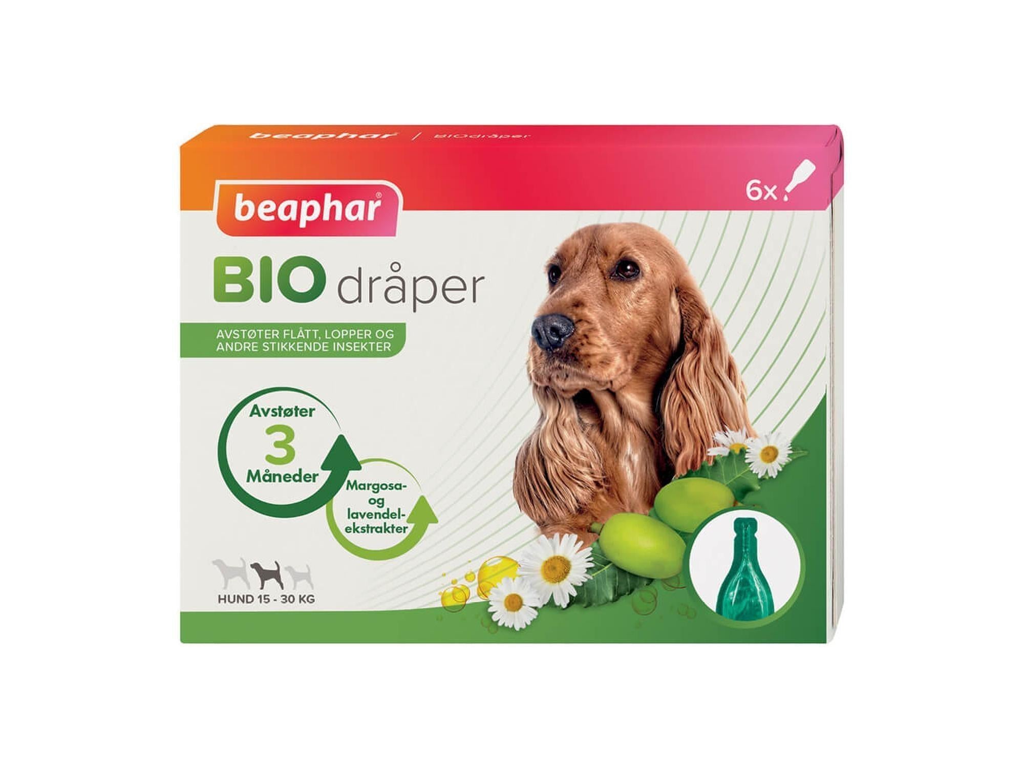 Beaphar Biodråper Hund Spot On 15–30 kg eske med cocker spaniel, margosa, lavendel og pipetter.