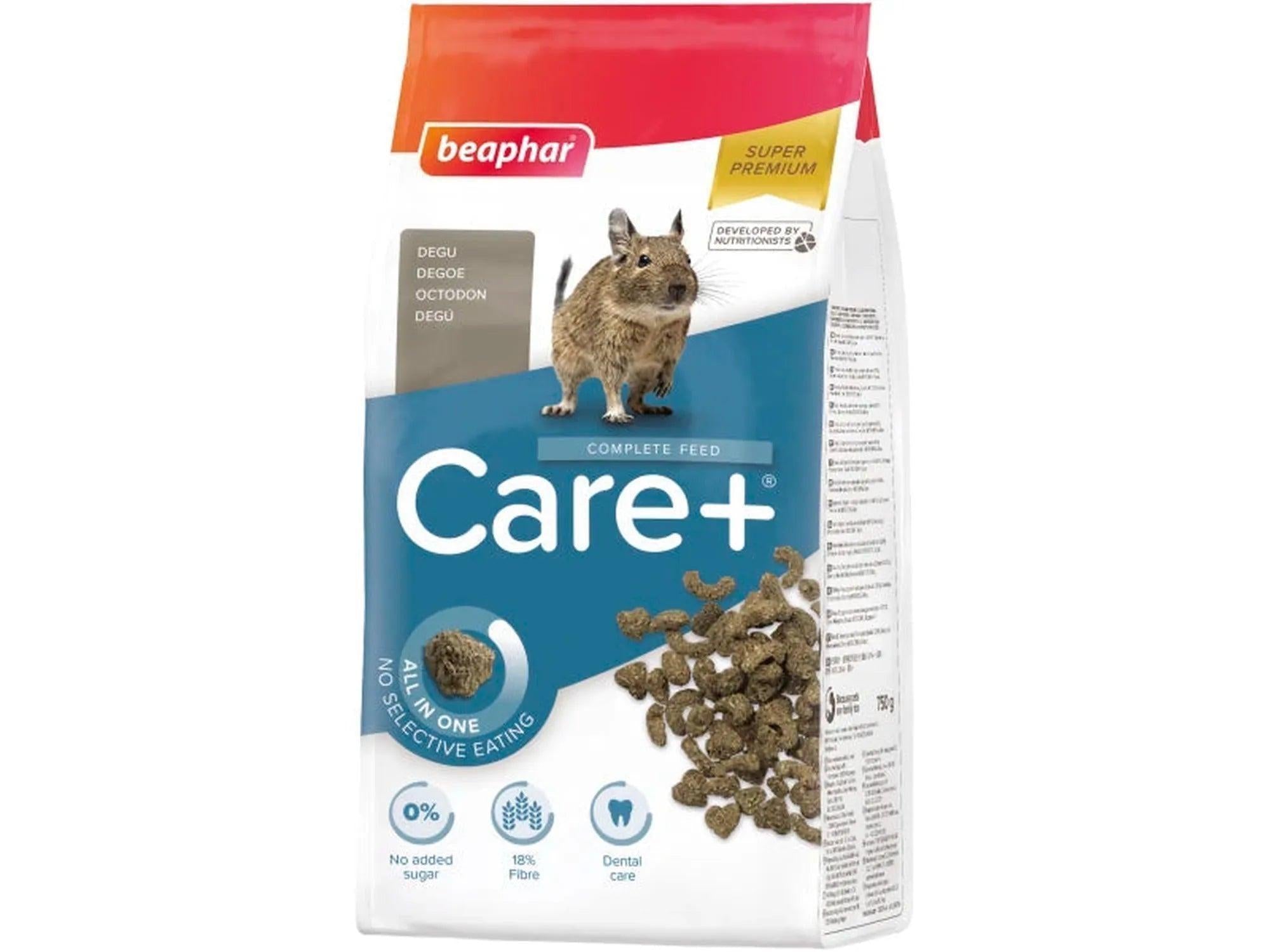 Beaphar CARE+ Degus 700g fôrpose med bilde av en degu og ekstruderte pellets.