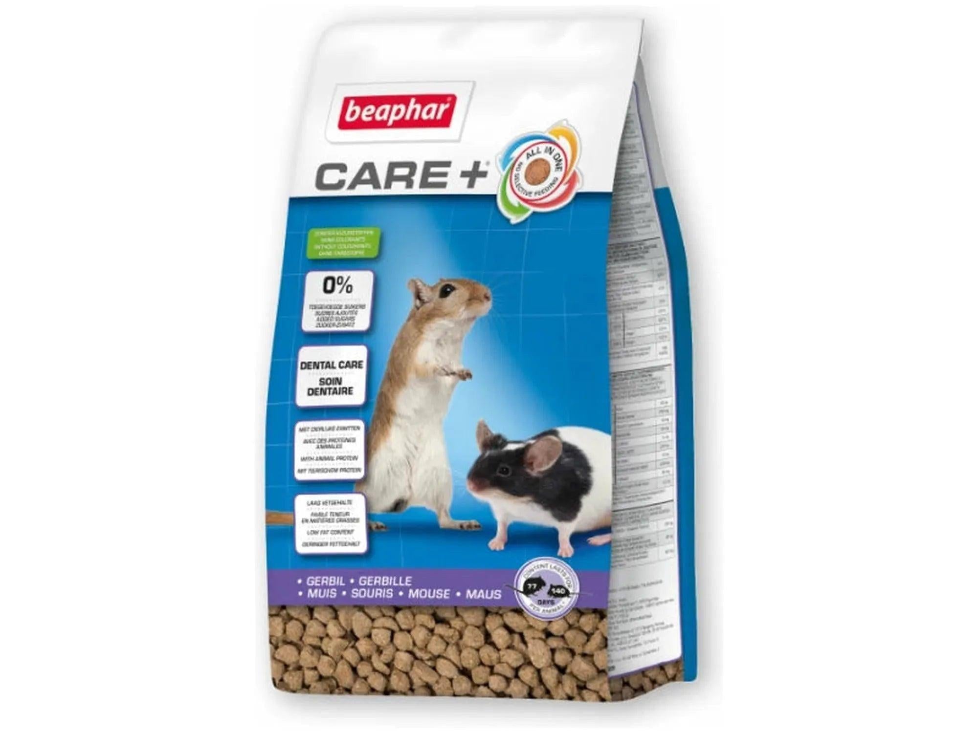 Hvit og blå pose med Beaphar Care+ ørkenrottefôr, 700g, med bilde av to ørkenrotter og fôrpellets.