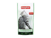 Beaphar Catnip Bits 35g kattegodbiter i hvit og grønn pakke med bilde av en gråstripet katt.