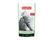 Beaphar Catnip Bits 35g kattegodbiter i hvit og grønn pakke med bilde av en gråstripet katt.