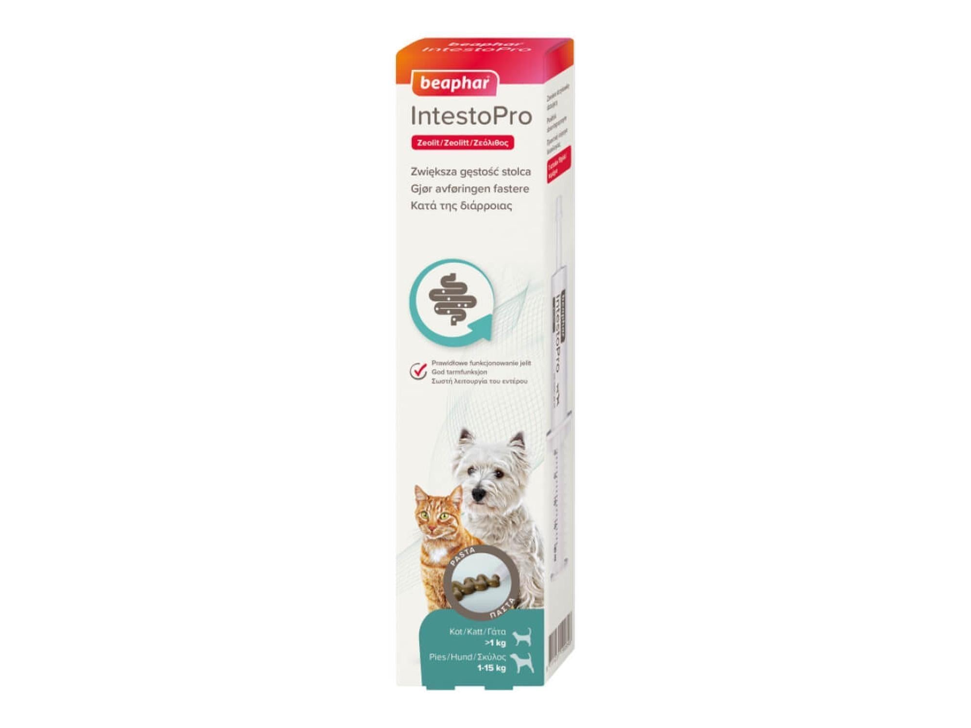 Beaphar IntestoPro Pasta for hund og katt opptil 15 kg, hvit og rød pakke med bilde av katt og hund.