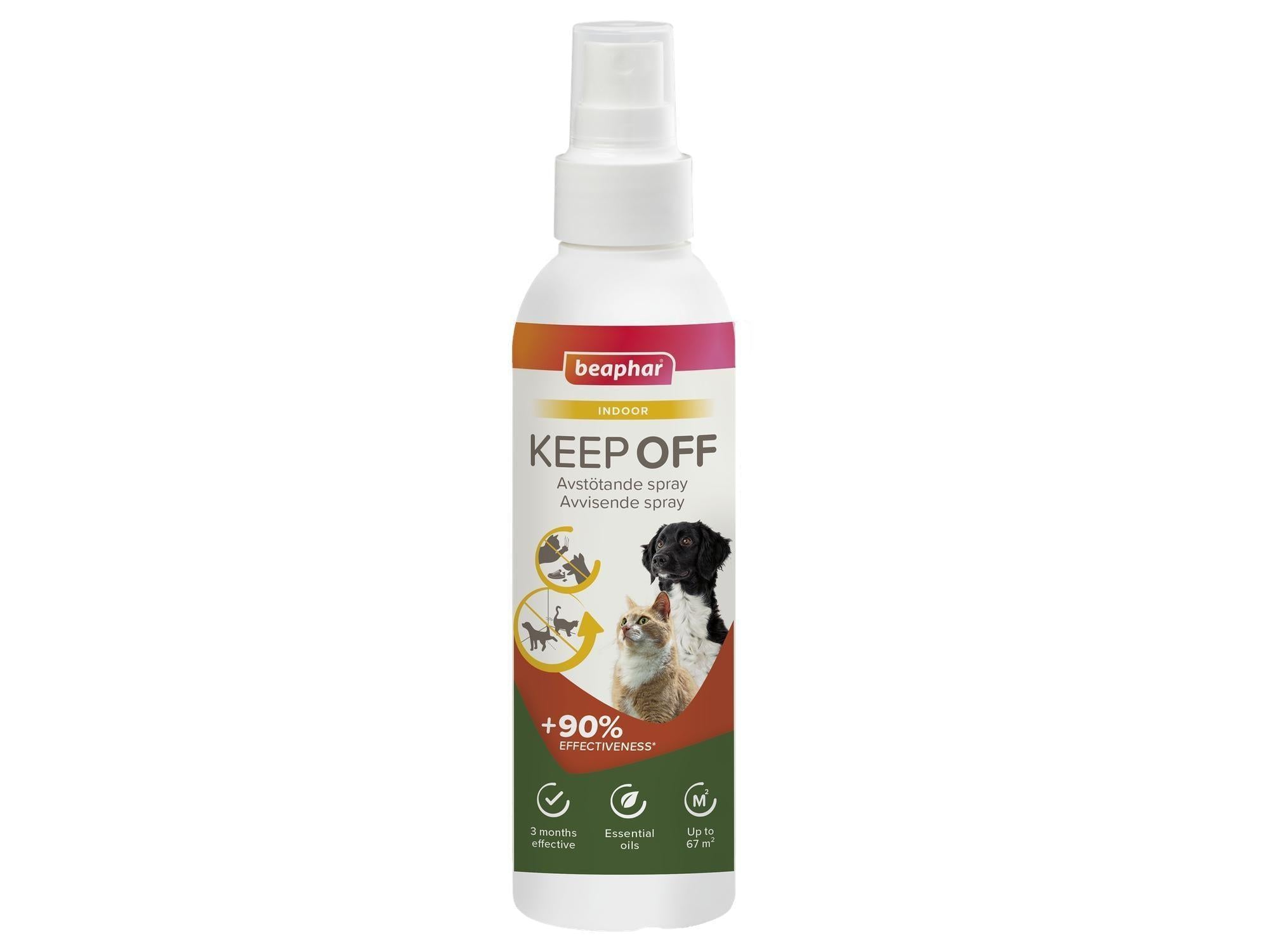 Hvit Beaphar Keep Off sprayflaske 200 ml med etikett som viser hund og katt, og "Indoor" tekst.