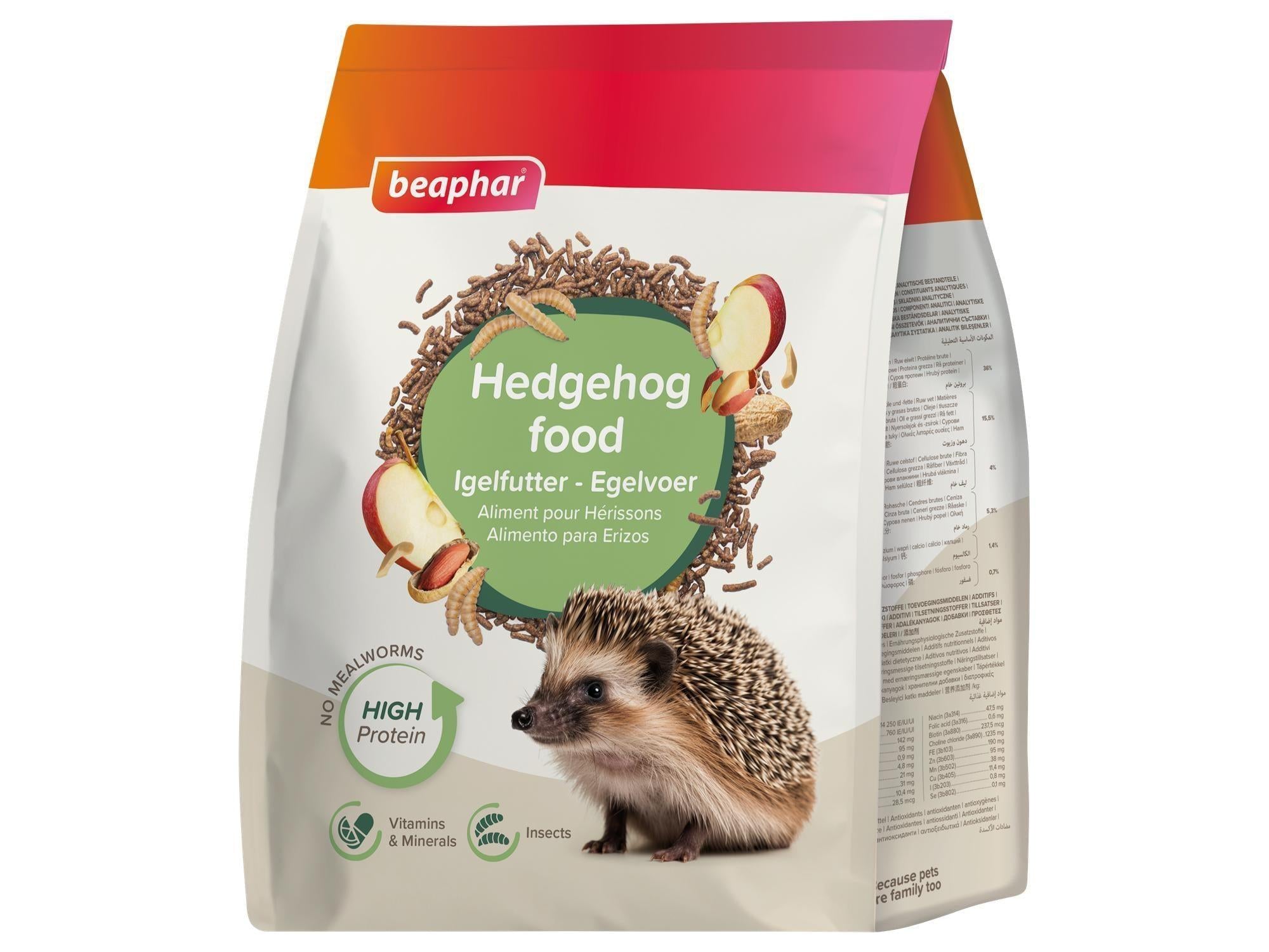 Beaphar Pinnsvinfôr 1 kg pose med pinnsvin, mat, epler og insekter, "No Mealworms" merke.