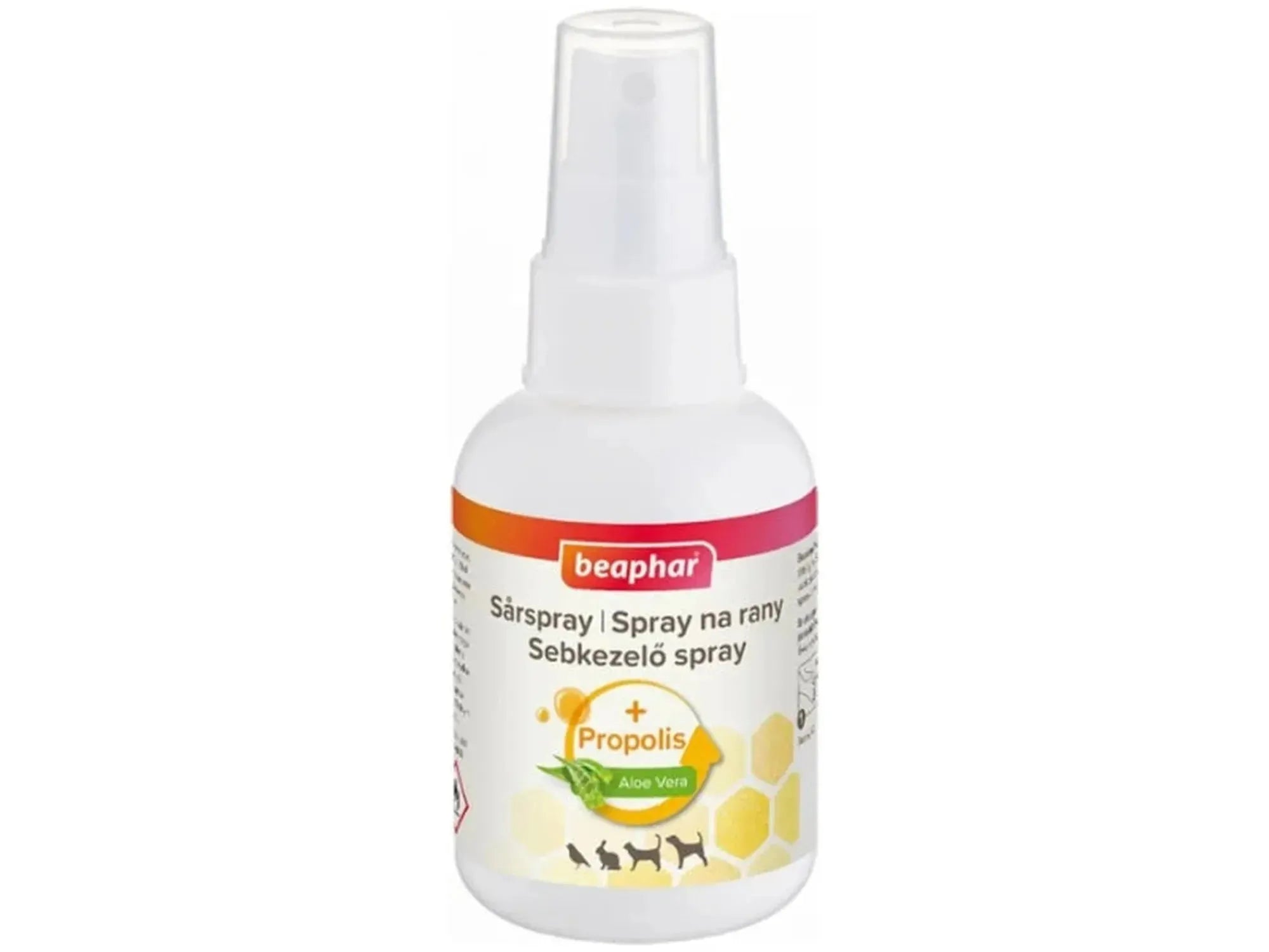 Beaphar sårspray for hund, hvit flaske med rød-oransje etikett, propolis og aloe vera logo.