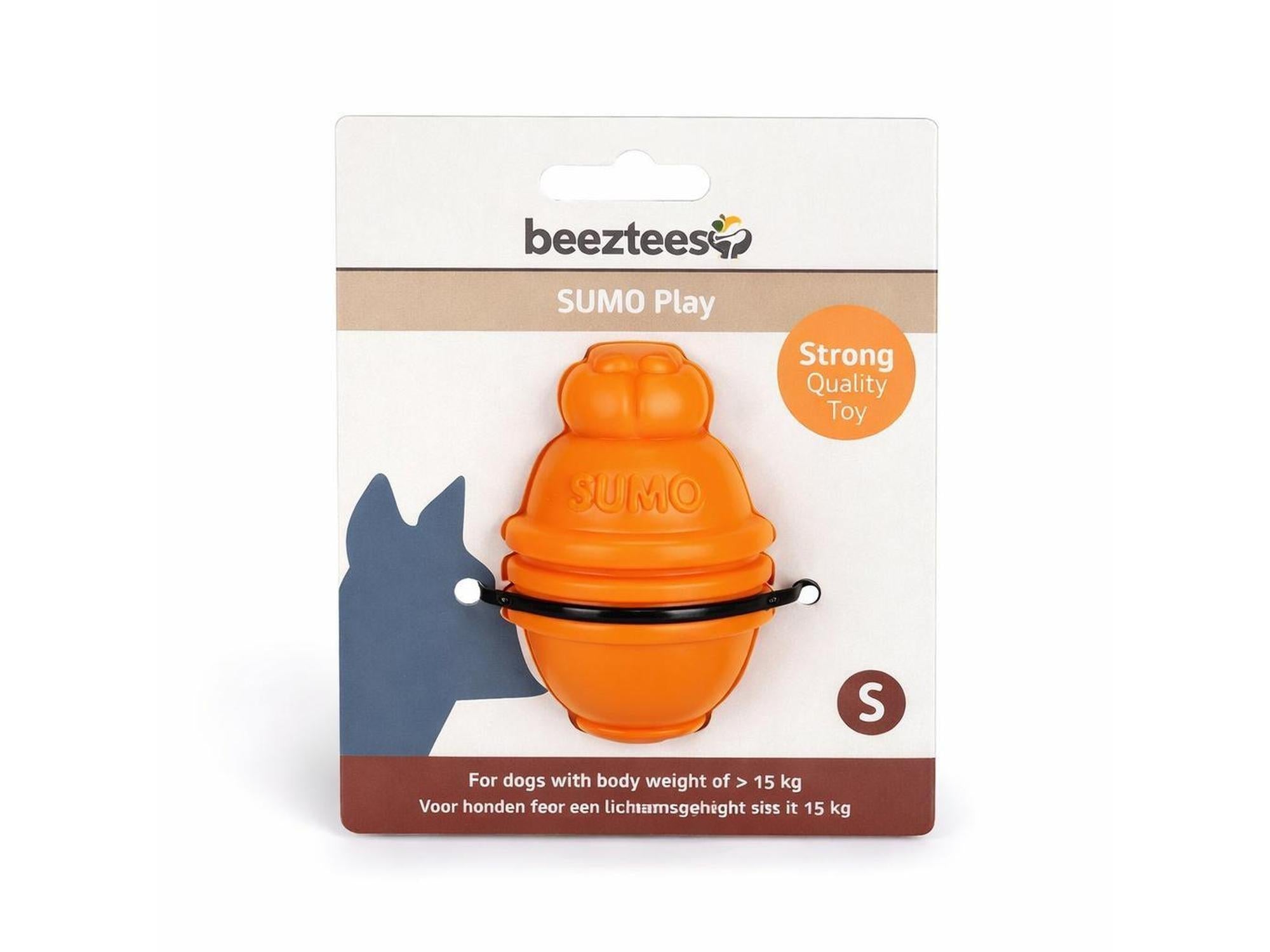 Beeztees SUMO Play hundeleke i orange, ujevn form, med svart gummiring, for hunder 3–15 kg.