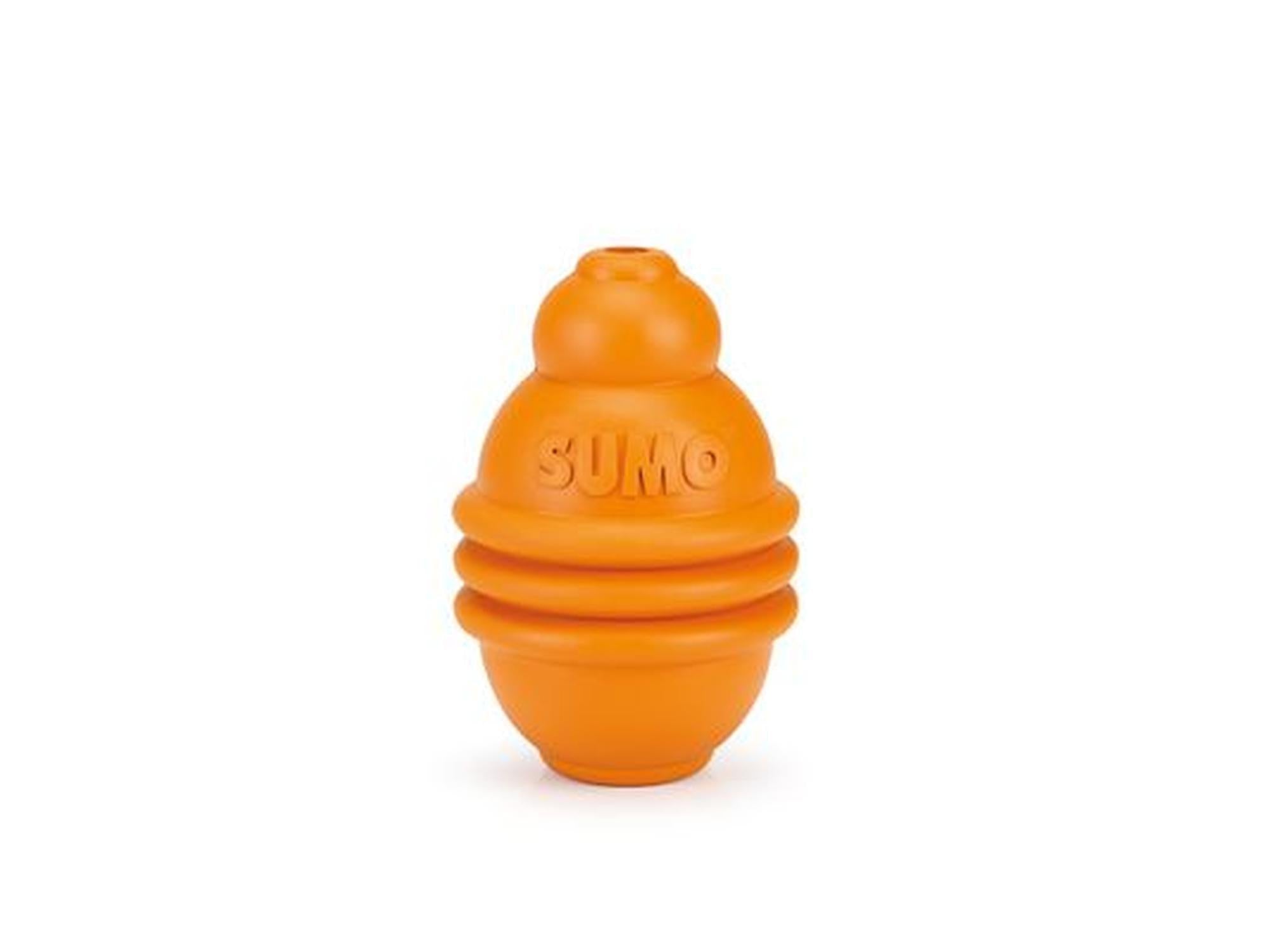 Oransje Beeztees Sumo Play hundeleke med uvanlig form og riller, 10x10x15 cm.