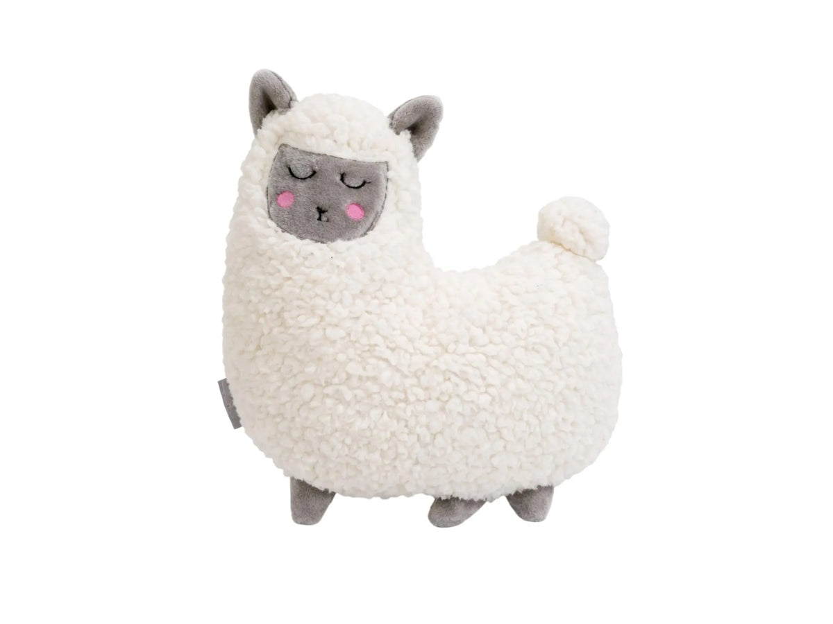 Myk, hvit og grå Beeztees Cuddle Lama plysjleke for valper, med rom for hjerteslagsimulator.