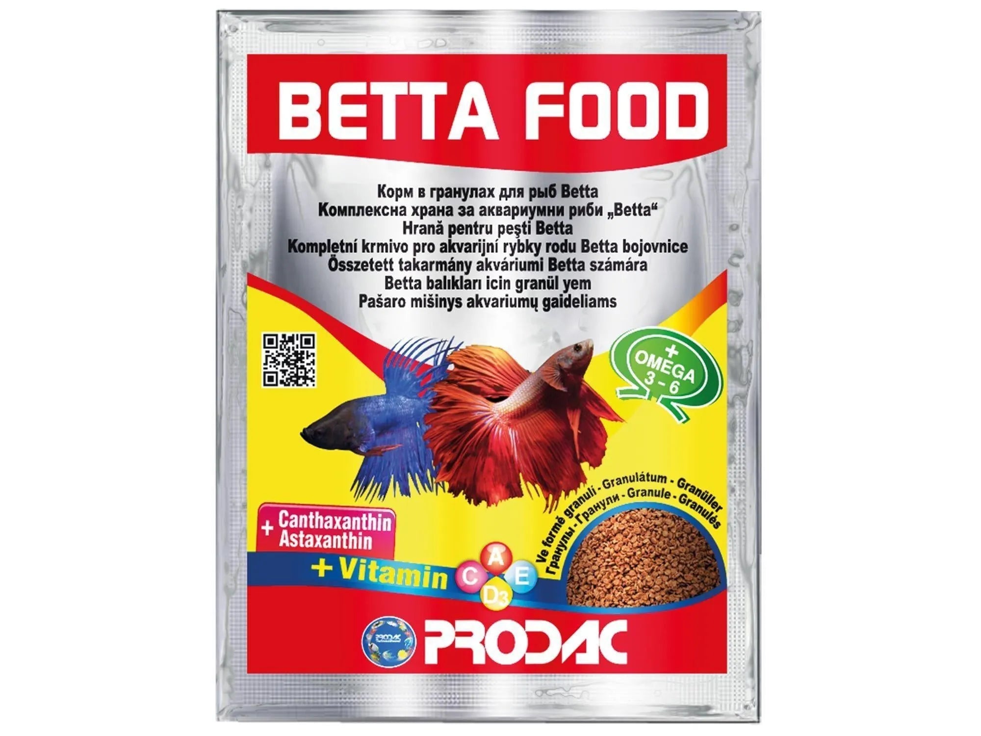 Prodac Betta Food granulatpakke med rød og sølv design, viser blå og rød bettafisk.