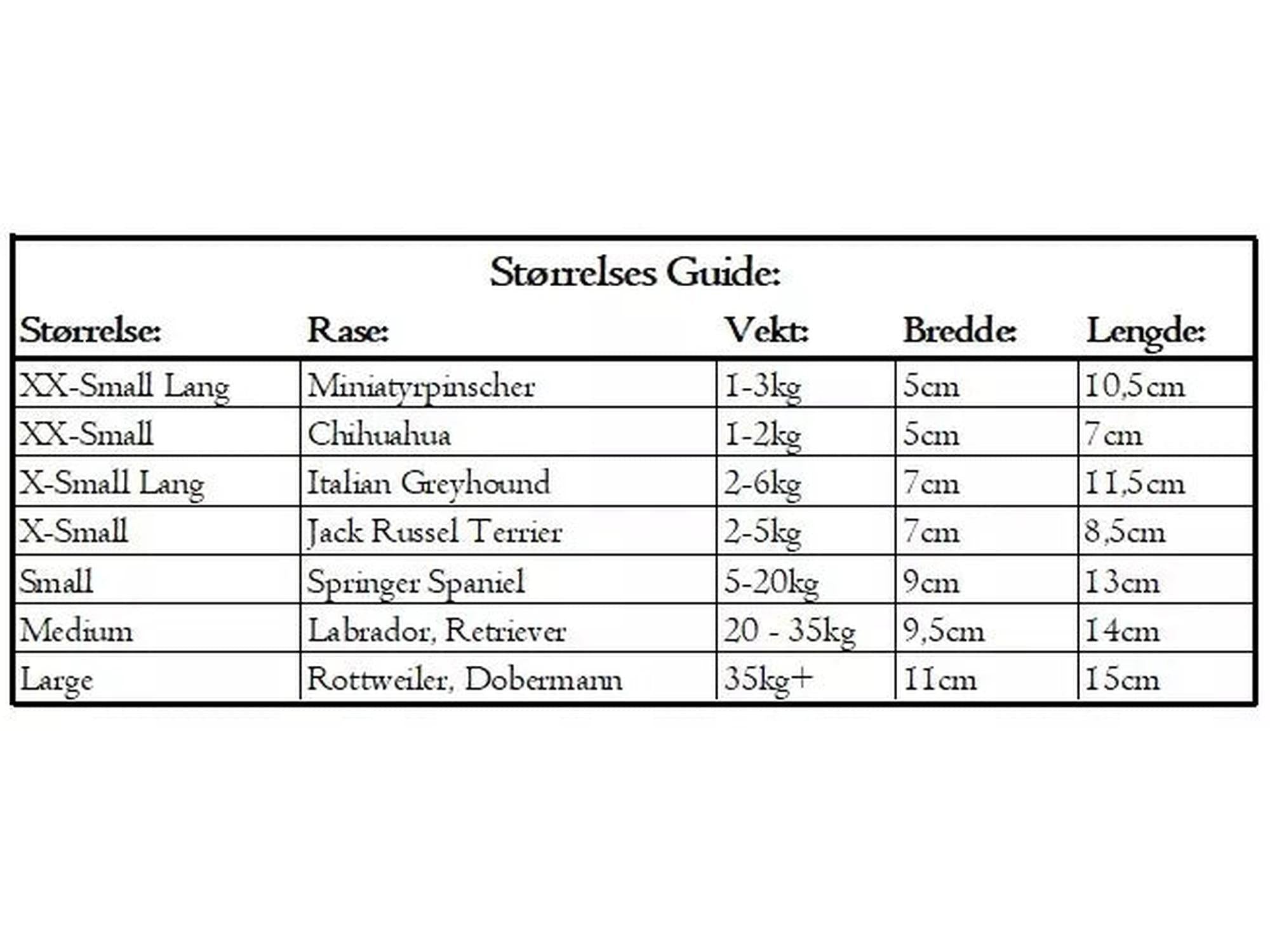 Tabell med utvidet størrelsesguide for hundesokker. Størrelser: XX-Small Lang (Miniatyrpinscher, 1-3 kg, 5 cm bredde, 10,5 cm lengde) XX-Small (Chihuahua, 1-2 kg, 5 cm bredde, 7 cm lengde) X-Small Lang (Italian Greyhound, 2-6 kg, 7 cm bredde, 11,5 cm lengde) X-Small (Jack Russell Terrier, 2-5 kg, 7 cm bredde, 8,5 cm lengde) Small (Springer Spaniel, 5-20 kg, 9 cm bredde, 13 cm lengde) Medium (Labrador, Retriever, 20-35 kg, 9,5 cm bredde, 14 cm lengde) Large (Rottweiler, Dobermann, 35 kg+, 11 cm bredde, 15 