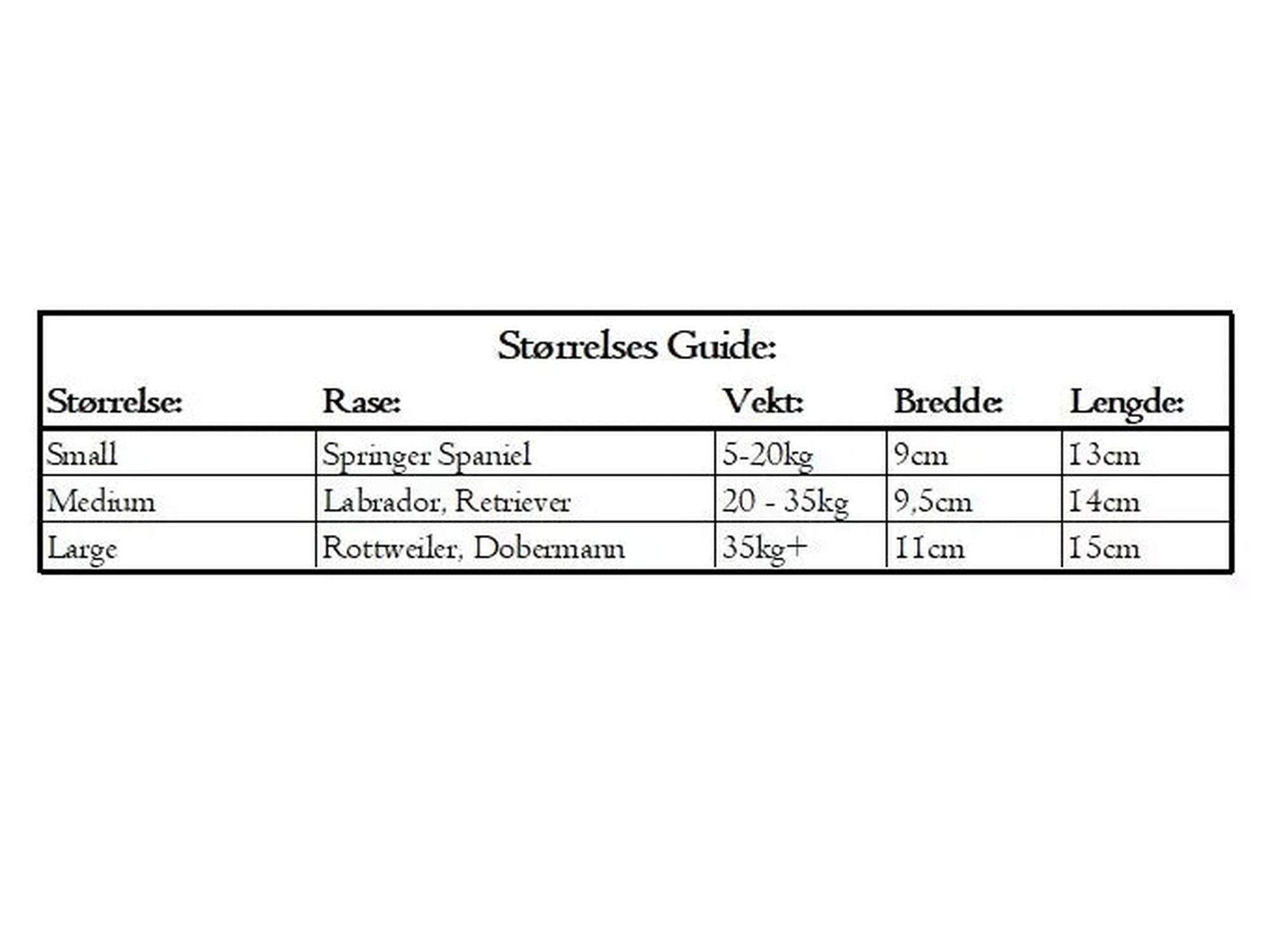Tabell med størrelsesguide for hundesokker. Størrelser: Small (Springer Spaniel, 5-20 kg, 9 cm bredde, 13 cm lengde), Medium (Labrador, Retriever, 20-35 kg, 9,5 cm bredde, 14 cm lengde), Large (Rottweiler, Dobermann, 35 kg+, 11 cm bredde, 15 cm lengde).