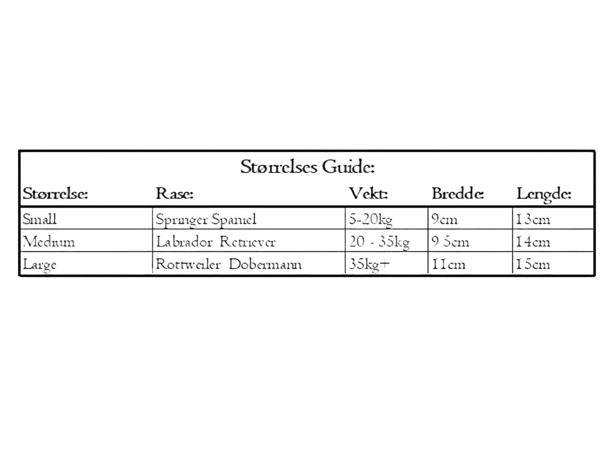 Tabell med størrelsesguide for hundesokker. Størrelser: Small (Springer Spaniel, 5-20 kg, 9 cm bredde, 13 cm lengde), Medium (Labrador, Retriever, 20-35 kg, 9,5 cm bredde, 14 cm lengde), Large (Rottweiler, Dobermann, 35 kg+, 11 cm bredde, 15 cm lengde).